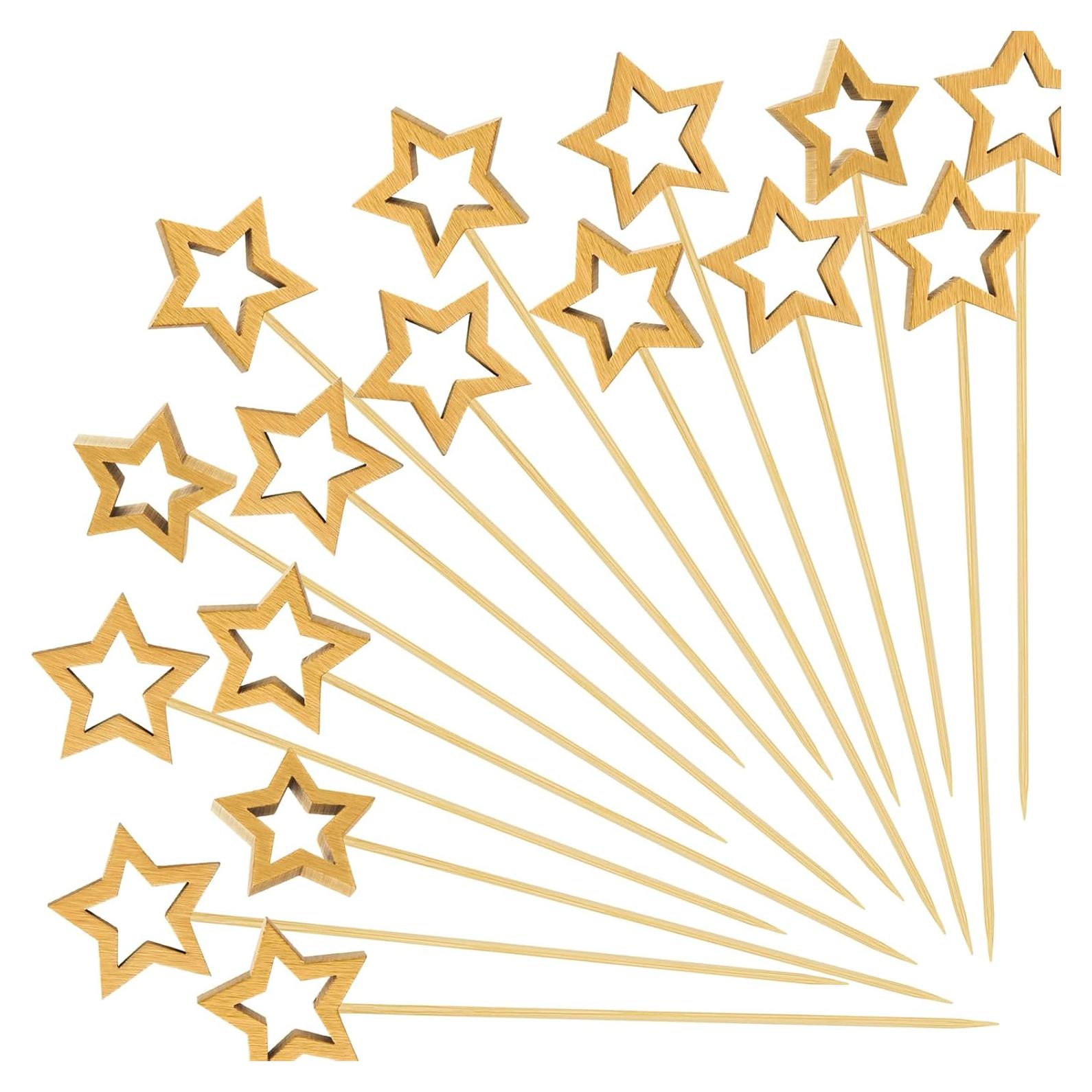 100 Palillos de Cóctel de Bambú SEANSDA con Estrella Dorada 14.2 cm