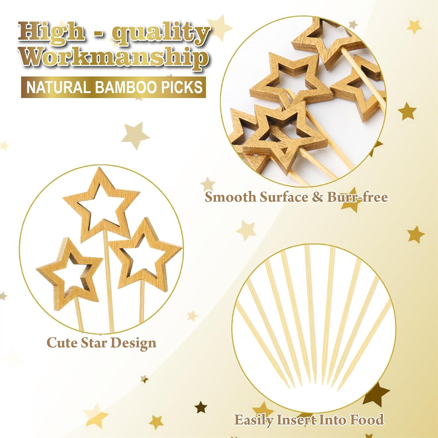100 Palillos de Cóctel de Bambú SEANSDA con Estrella Dorada 14.2 cm