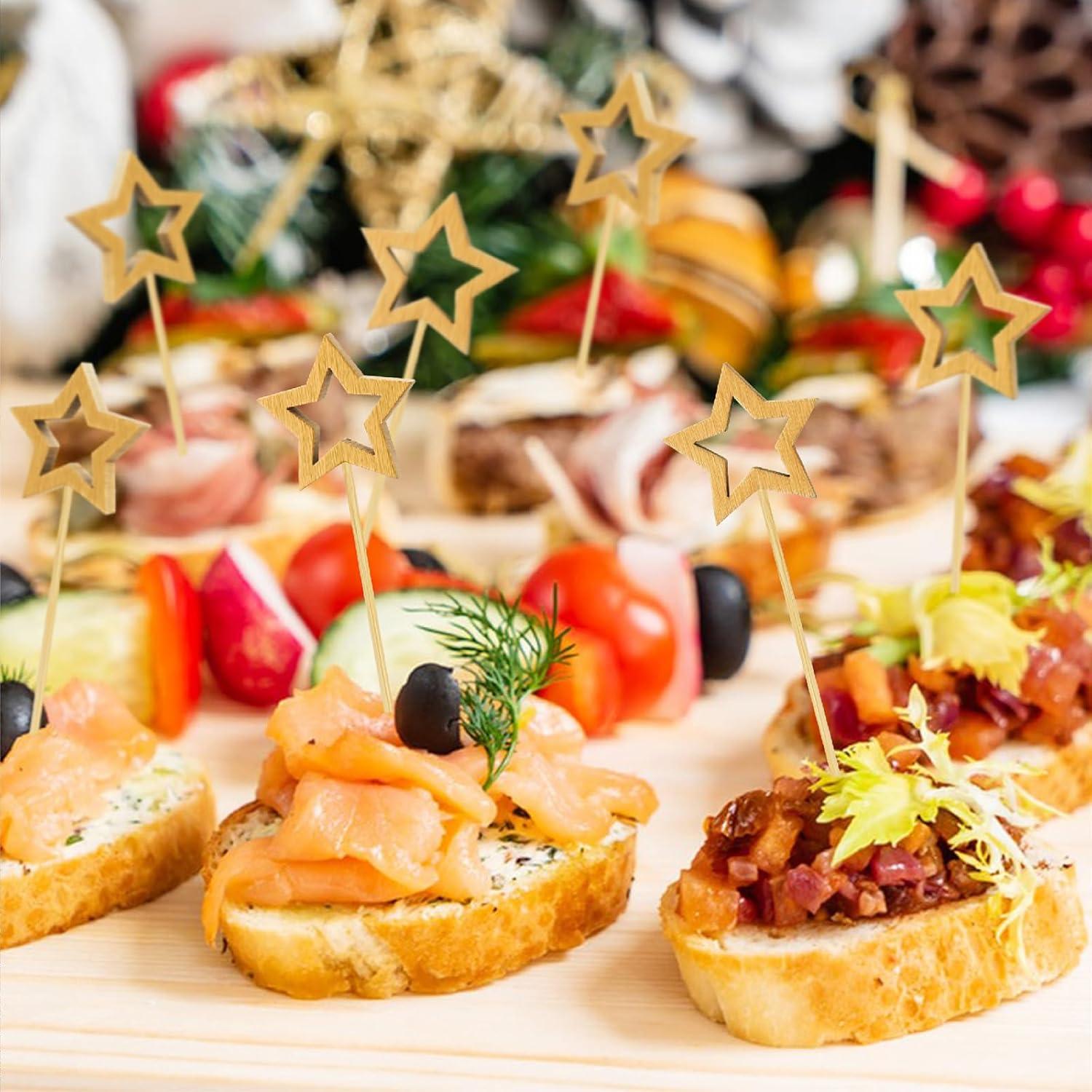 100 Palillos de Cóctel de Bambú SEANSDA con Estrella Dorada 14.2 cm