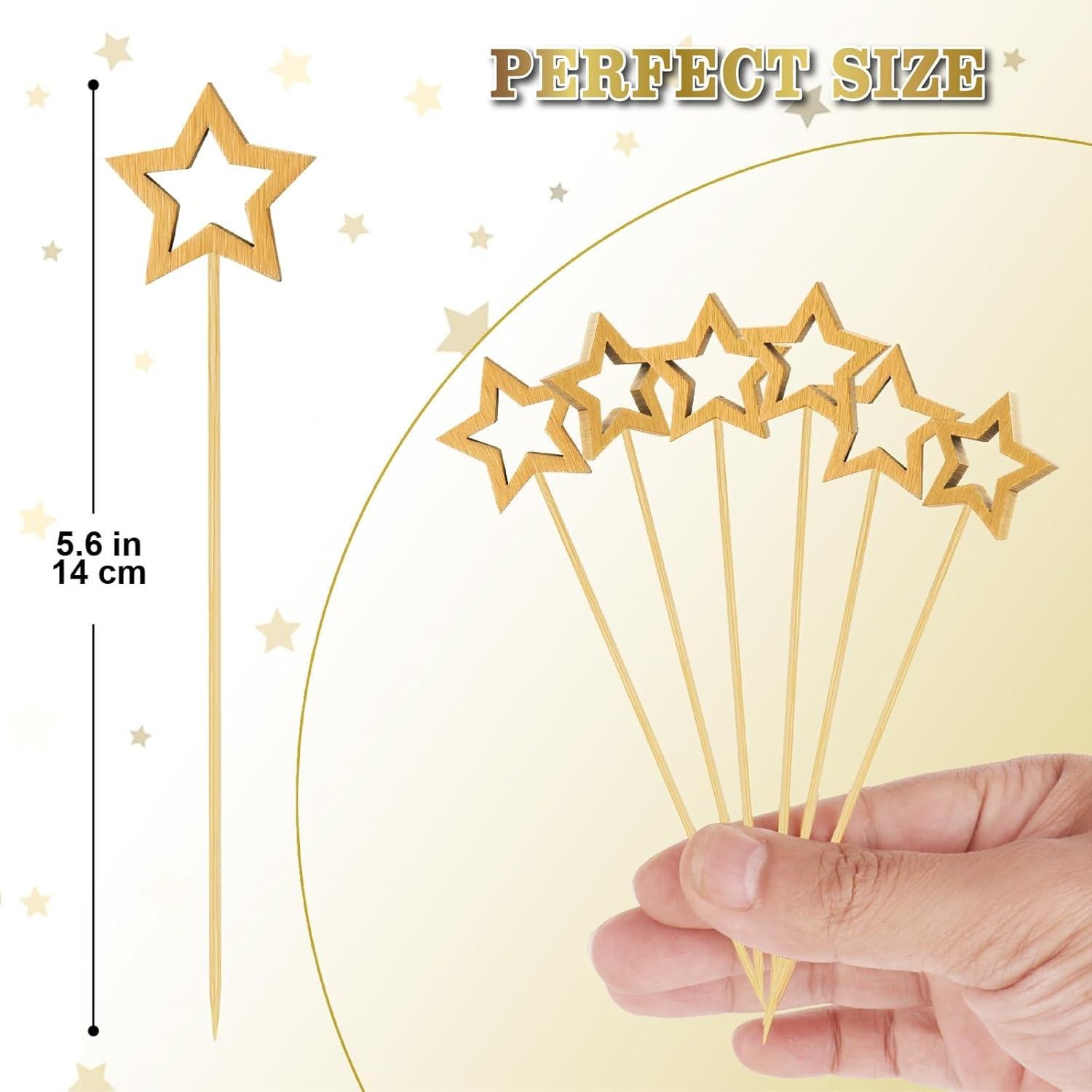 100 Palillos de Cóctel de Bambú SEANSDA con Estrella Dorada 14.2 cm