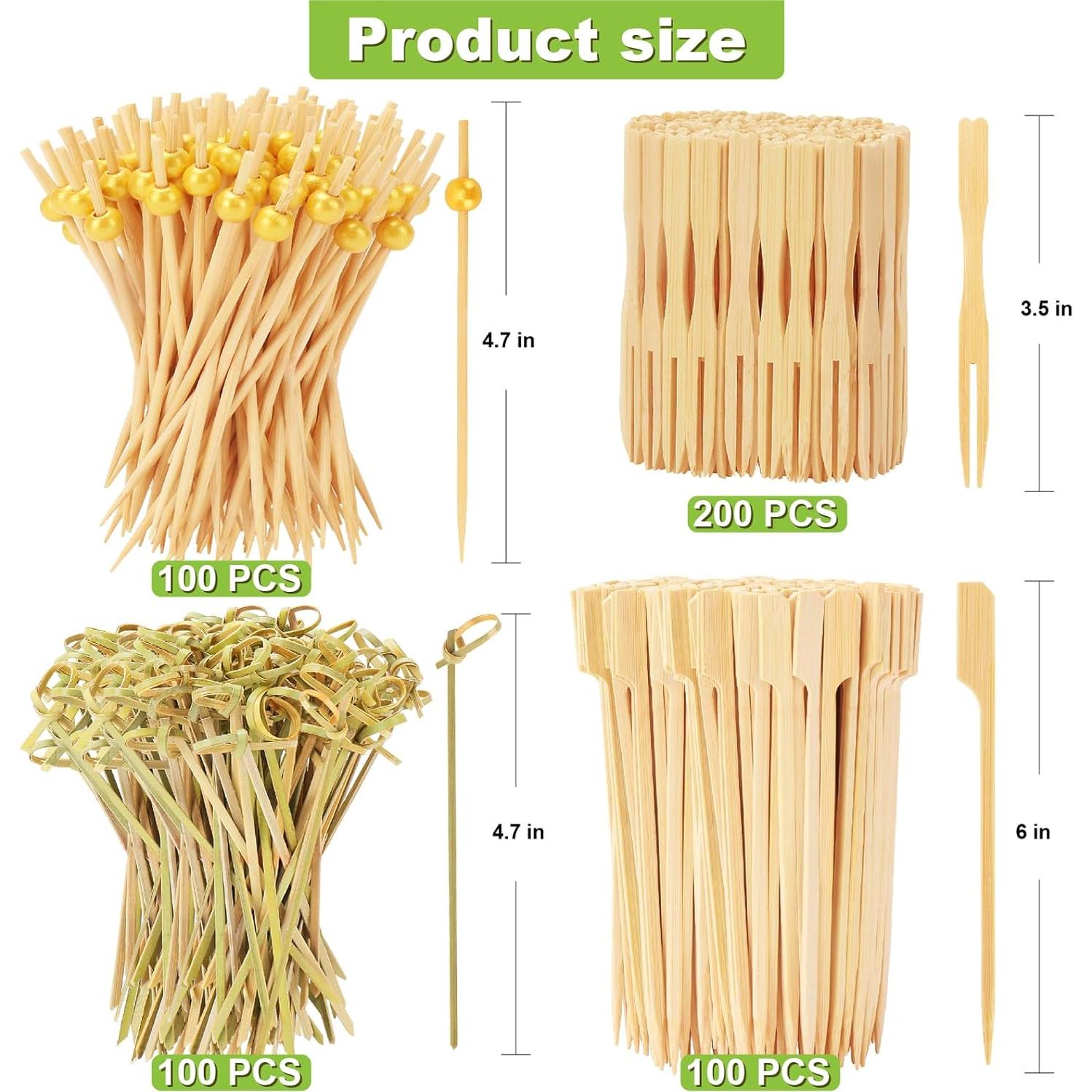 Kit de Palillos de Cóctel de Bambú 500PCS - 4 Estilos y 3 Tamaños