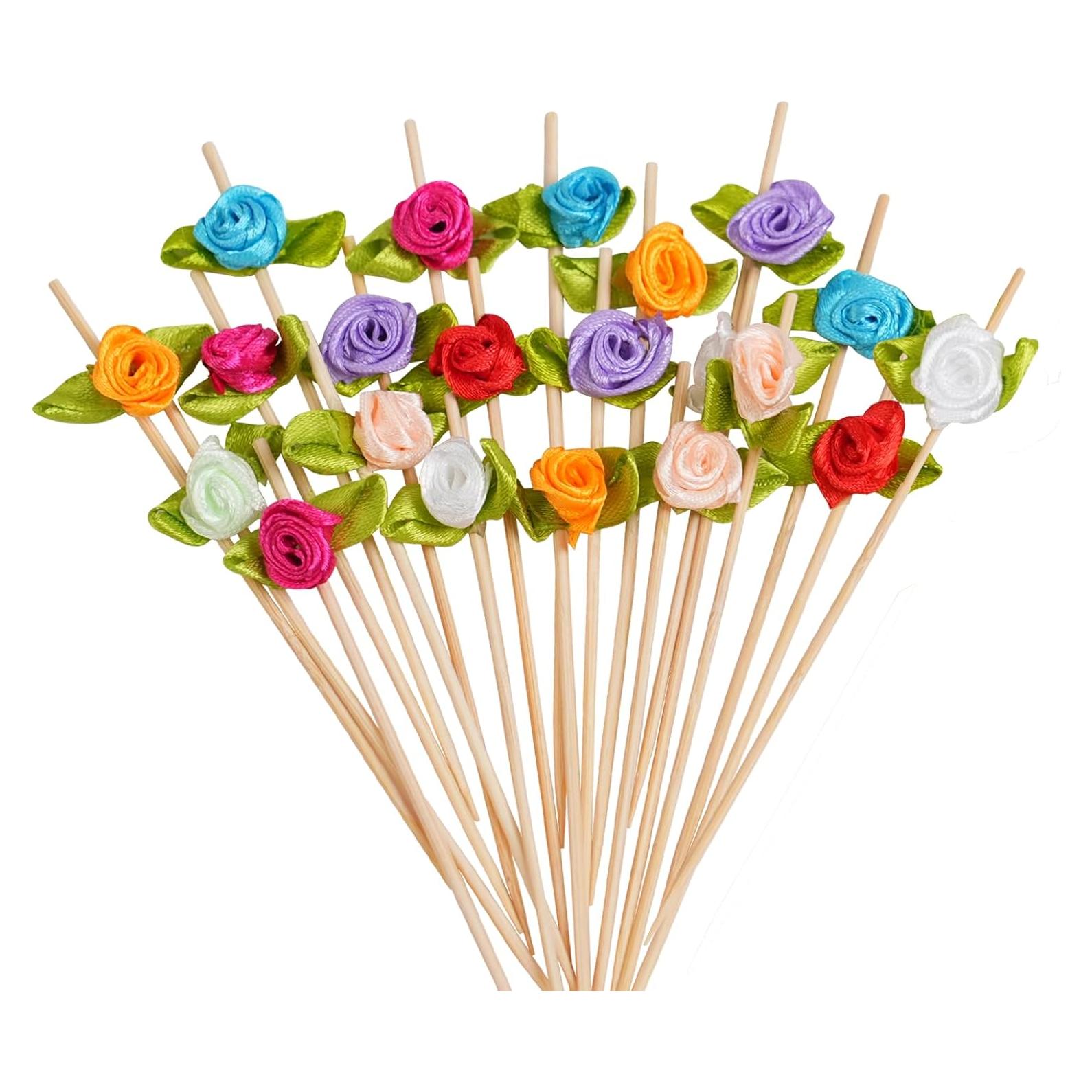 Palillos de Cóctel de Bambú con Rosa - 100 Unidades Decorativos