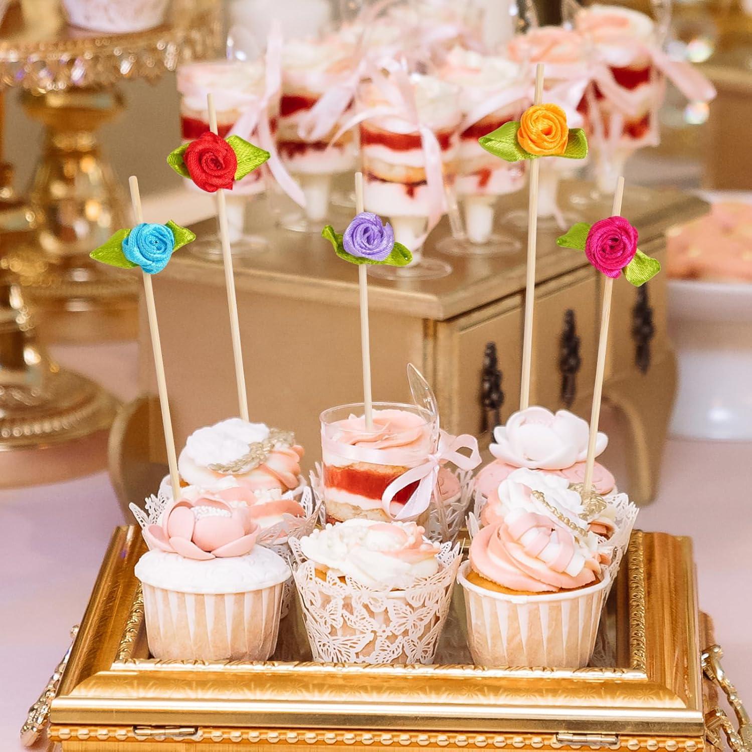 Palillos de Cóctel de Bambú con Rosa - 100 Unidades Decorativos