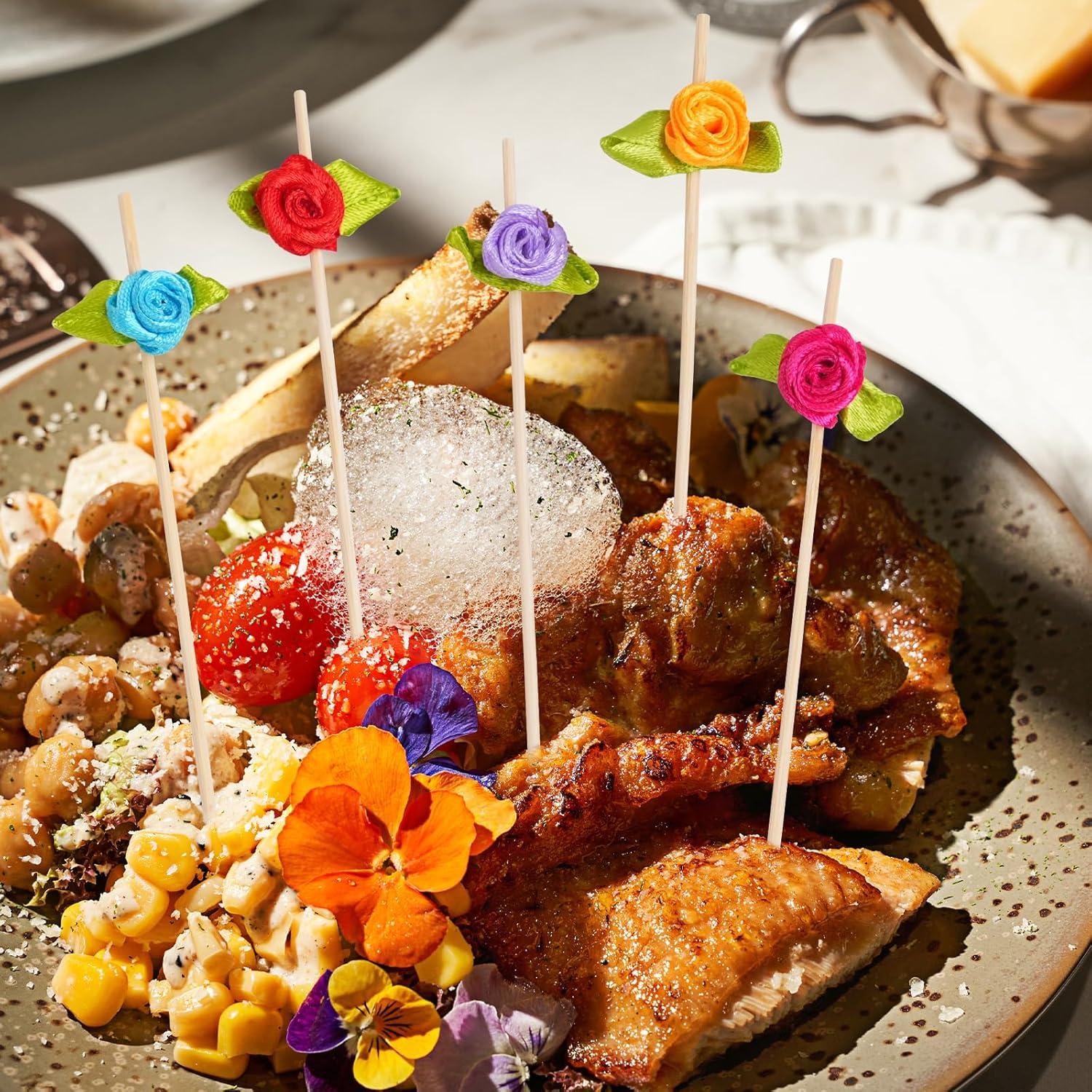 Palillos de Cóctel de Bambú con Rosa - 100 Unidades Decorativos