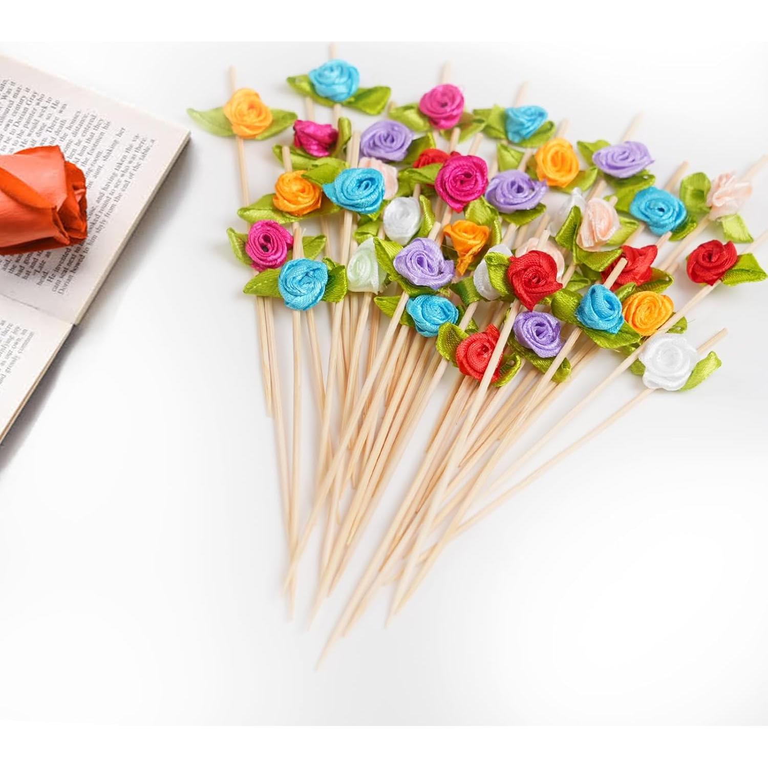 Palillos de Cóctel de Bambú con Rosa - 100 Unidades Decorativos