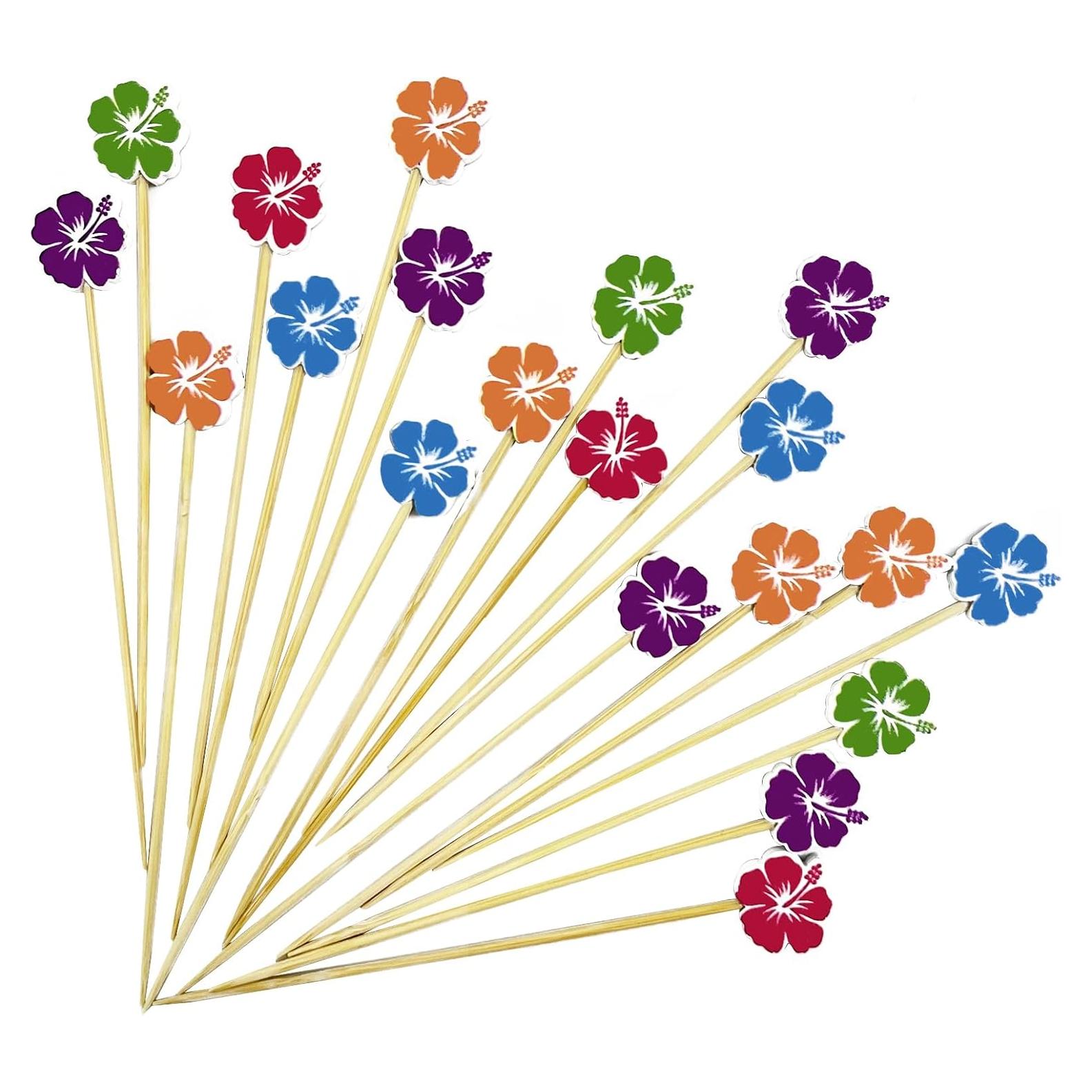 100 Palillos de Cóctel de Bambú con Flor 12 cm para Aperitivos