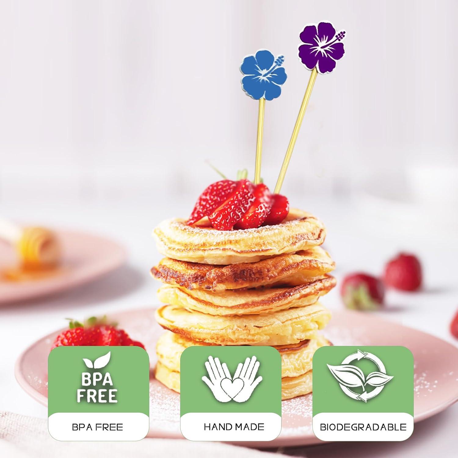 100 Palillos de Cóctel de Bambú con Flor 12 cm para Aperitivos