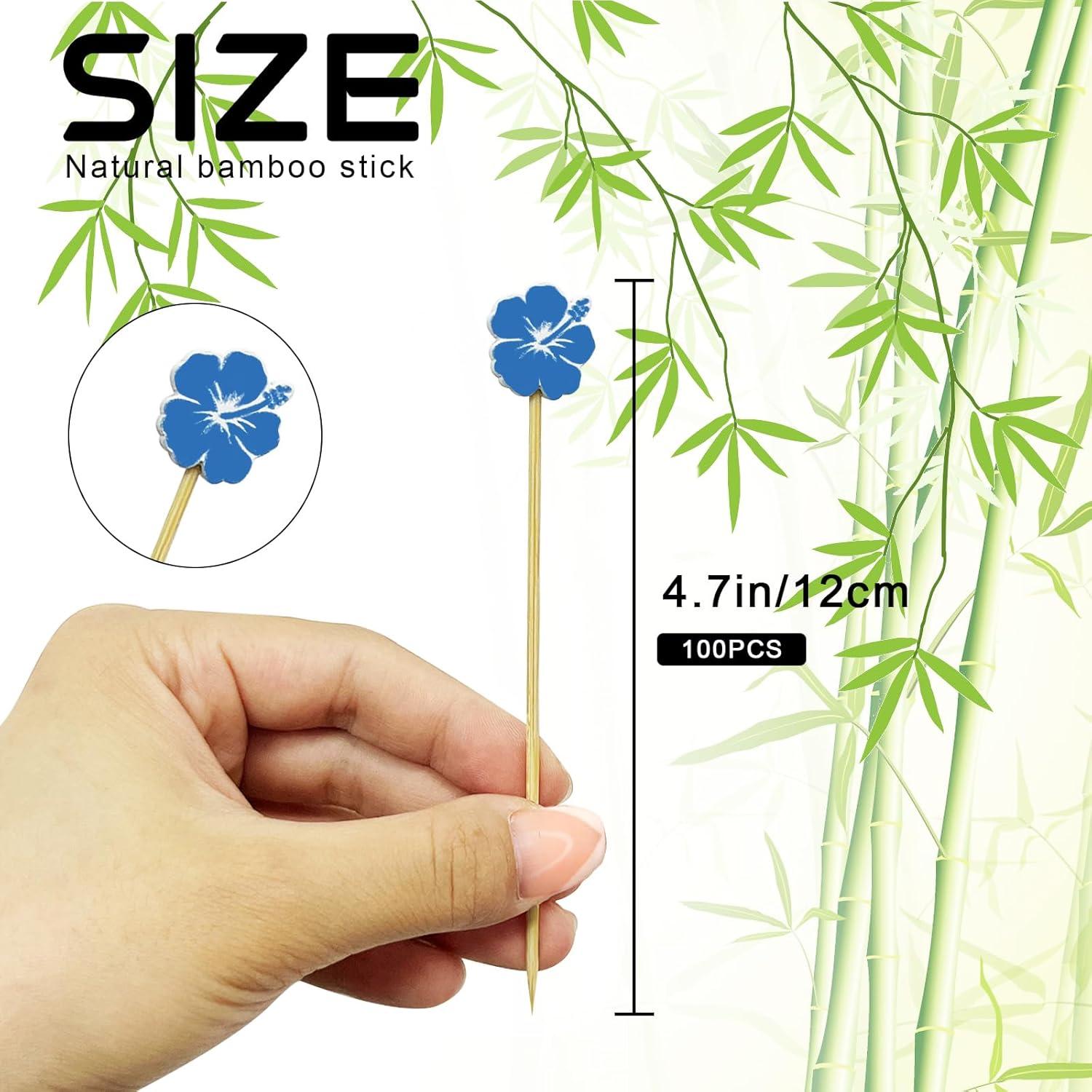 100 Palillos de Cóctel de Bambú con Flor 12 cm para Aperitivos