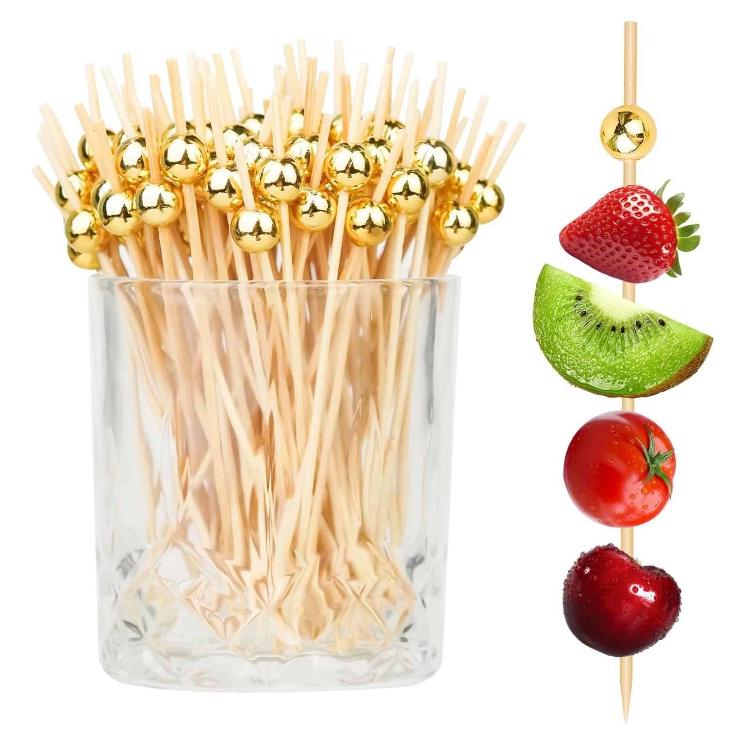 200 Palillos de Cóctel HOPELF de Bambú con Bola Dorada 11.9 cm