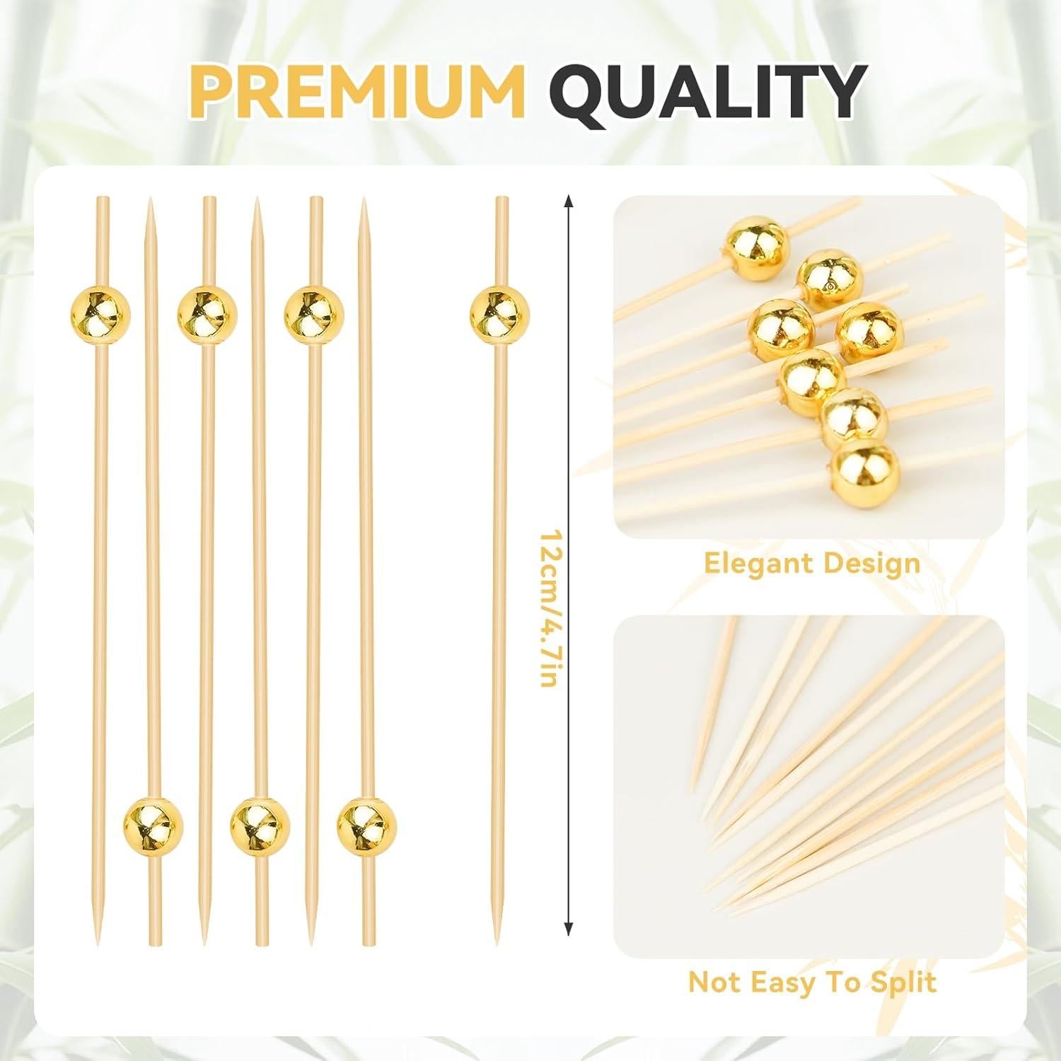 200 Palillos de Cóctel HOPELF de Bambú con Bola Dorada 11.9 cm
