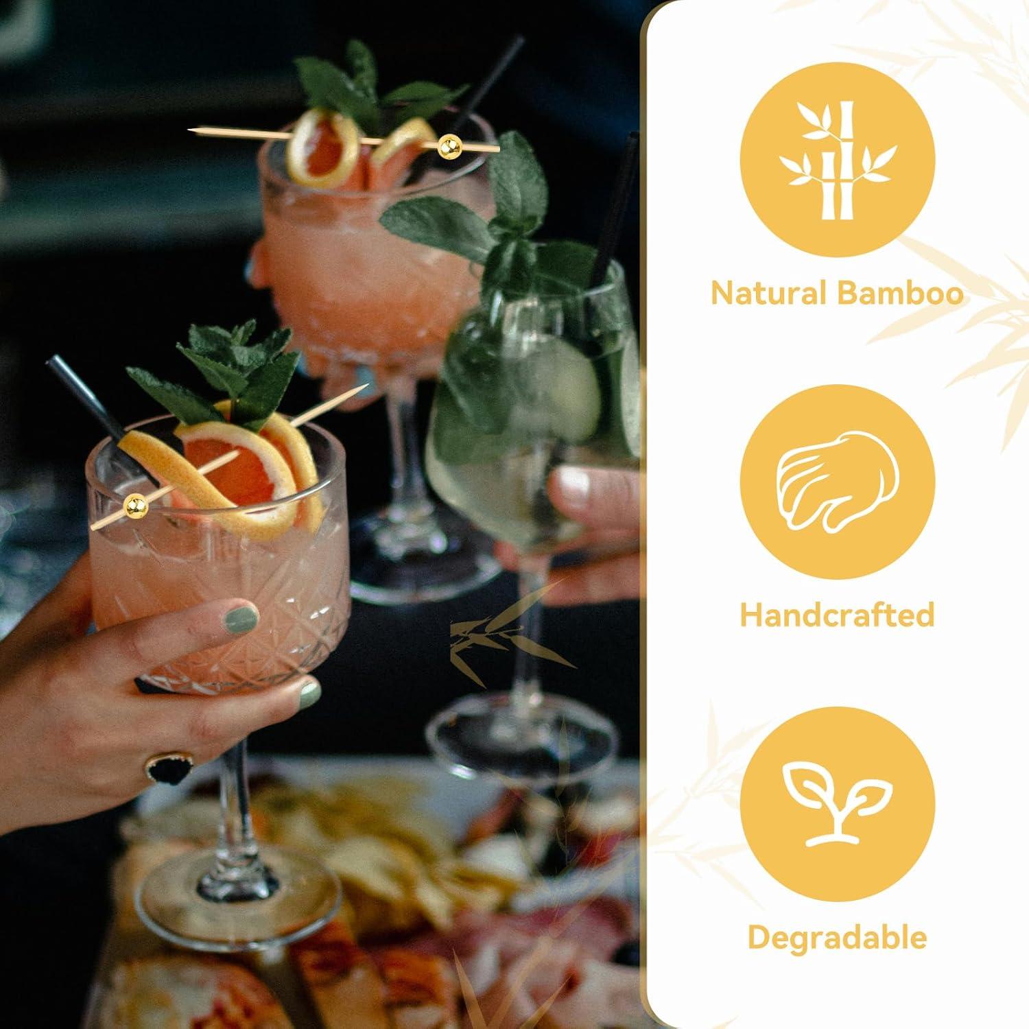 200 Palillos de Cóctel HOPELF de Bambú con Bola Dorada 11.9 cm