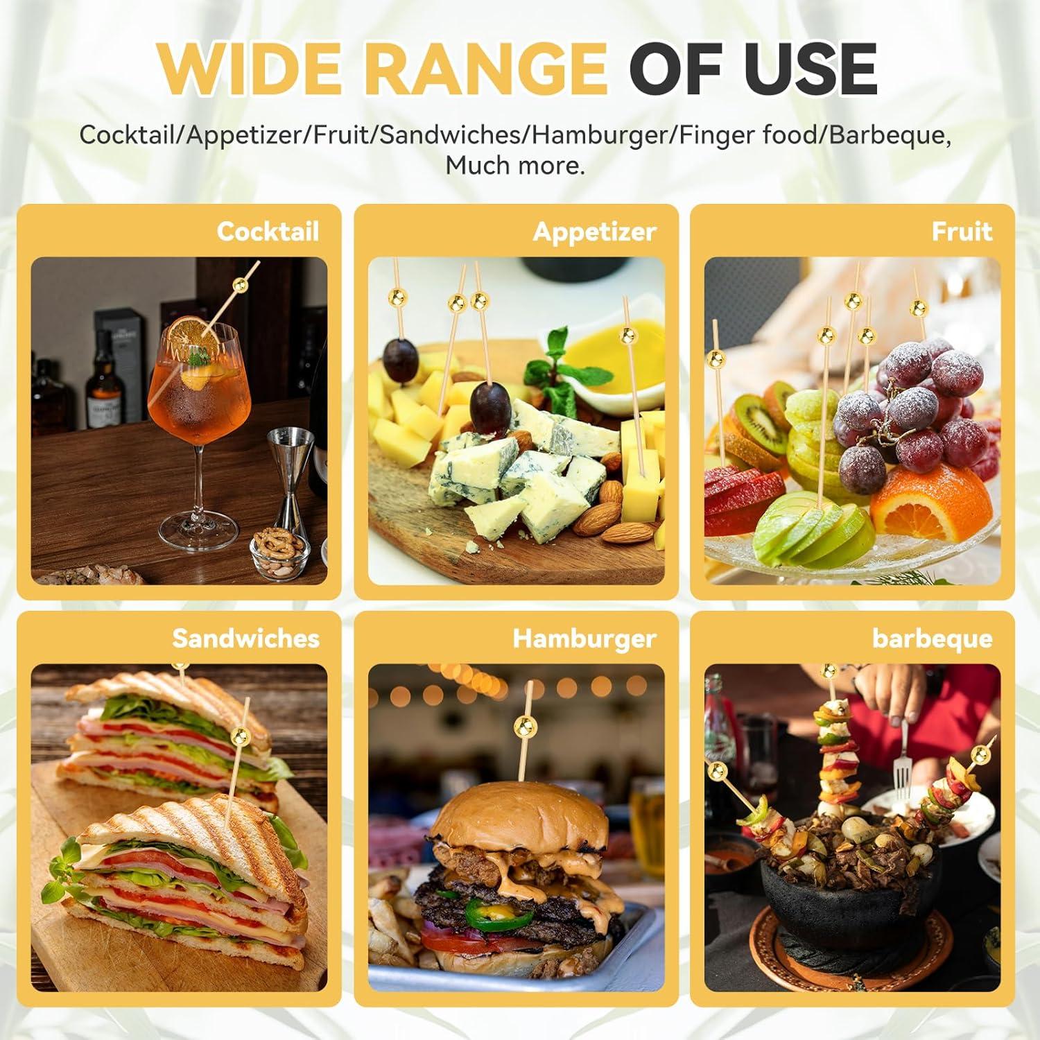 200 Palillos de Cóctel HOPELF de Bambú con Bola Dorada 11.9 cm