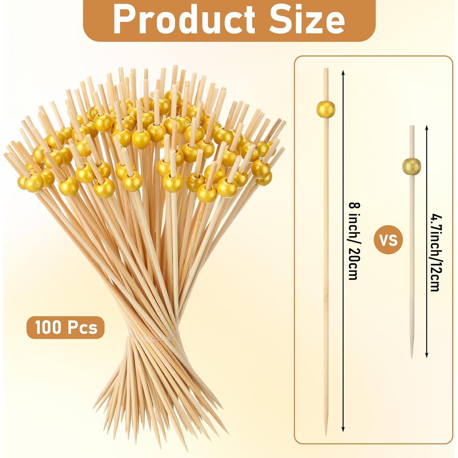 100 Palillos de Bambú Dorados 20.32 cm para Aperitivos LOYIM