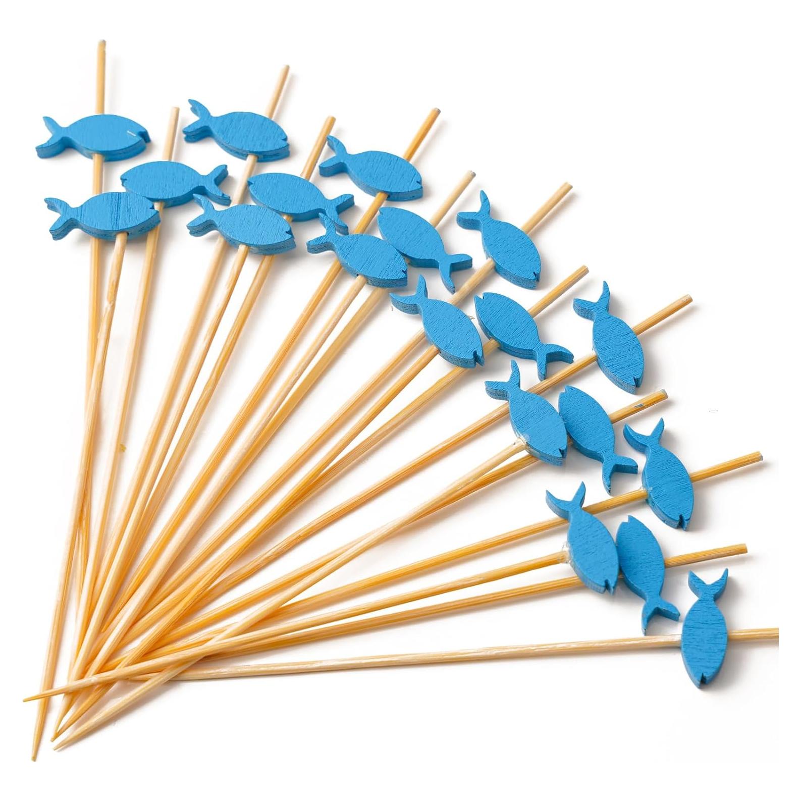 PuTwo Palillos de Cóctel de Bambú 100 Cuentas Peces Azules