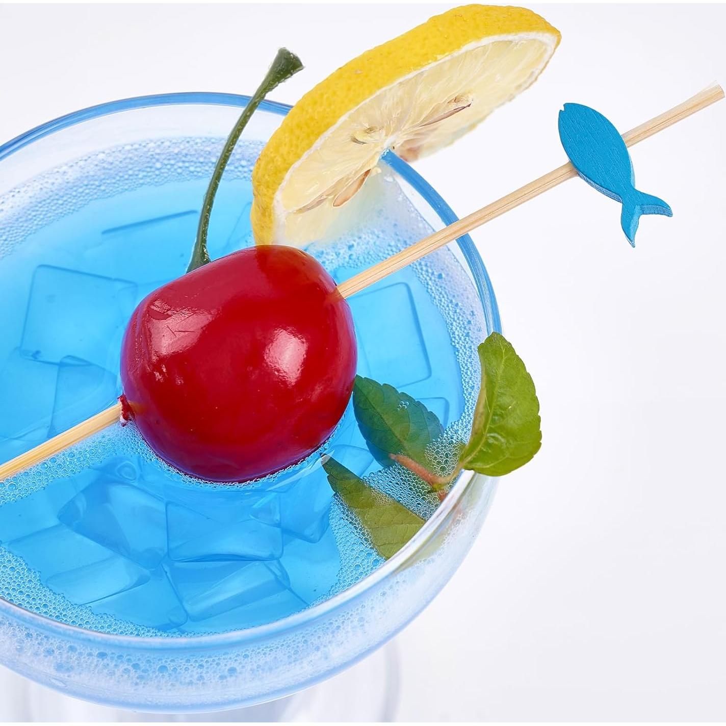 PuTwo Palillos de Cóctel de Bambú 100 Cuentas Peces Azules