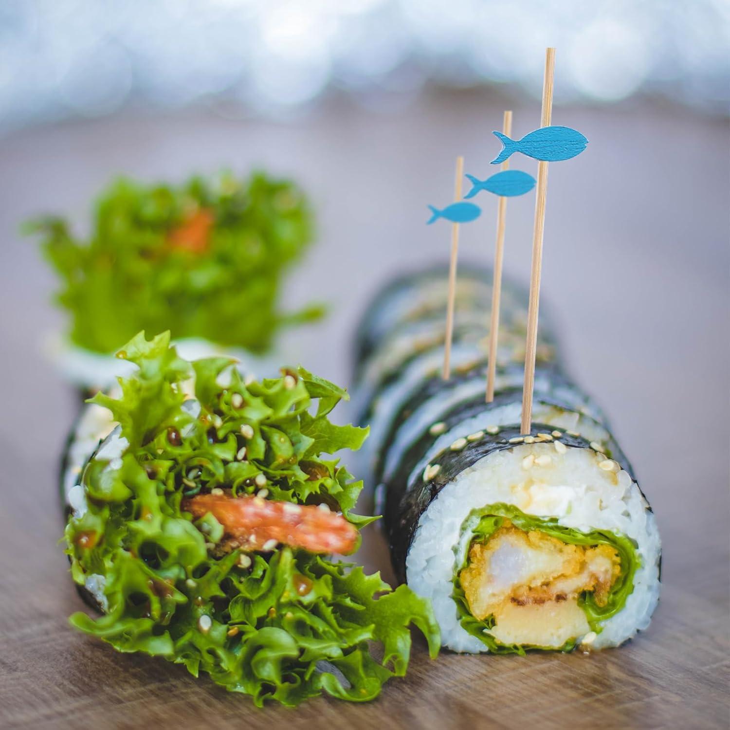 PuTwo Palillos de Cóctel de Bambú 100 Cuentas Peces Azules