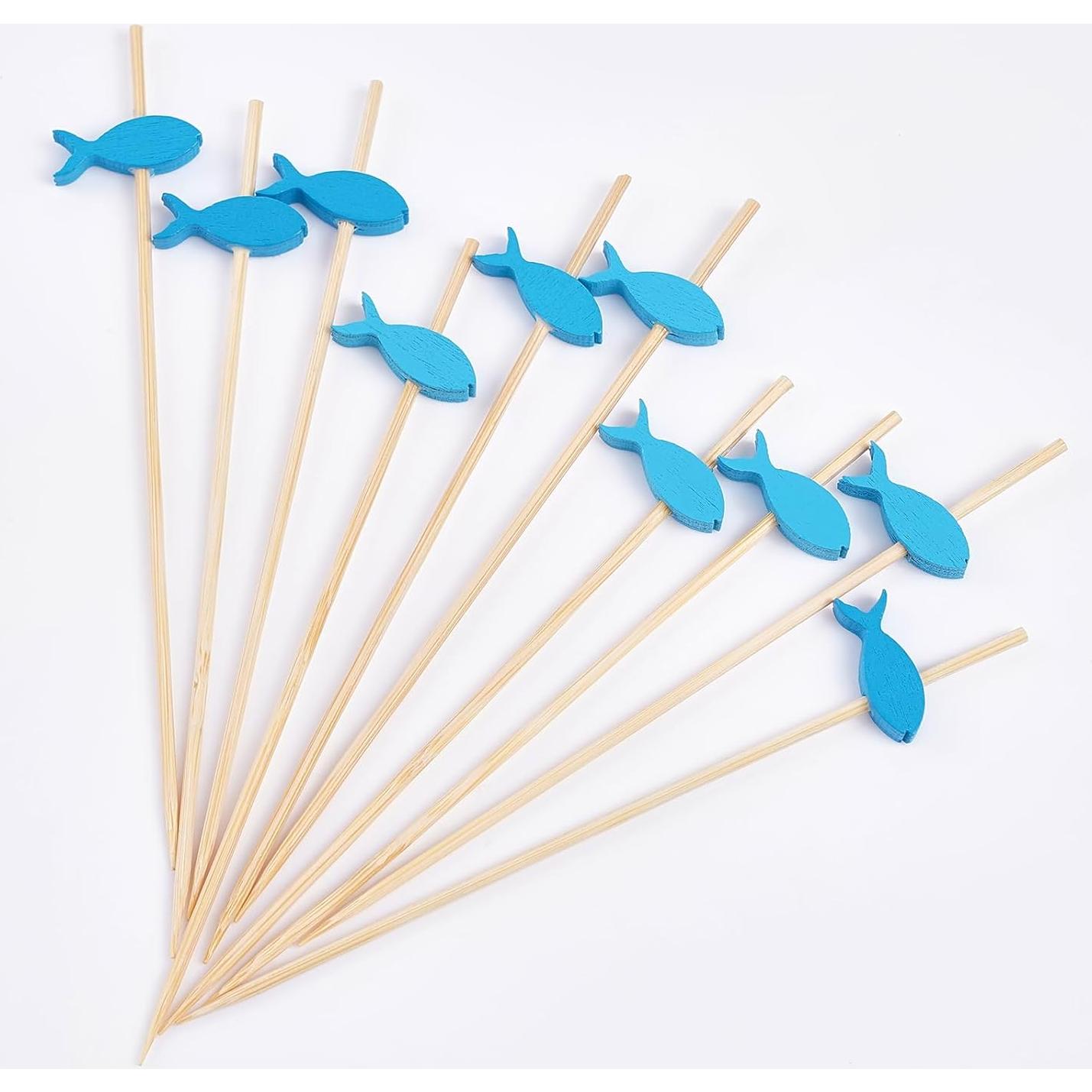 PuTwo Palillos de Cóctel de Bambú 100 Cuentas Peces Azules