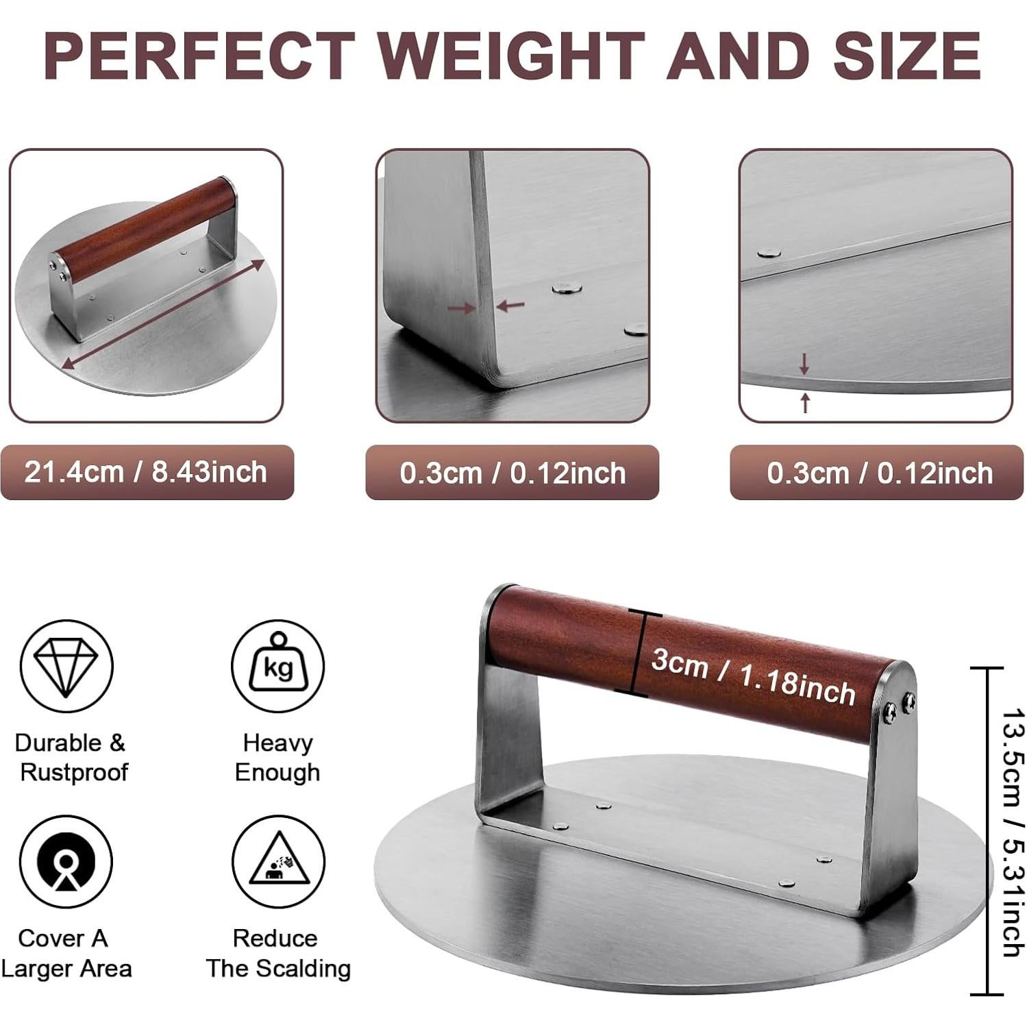 Prensa para Hamburguesas Whaleme 8.5" Acero Inoxidable Antiadherente