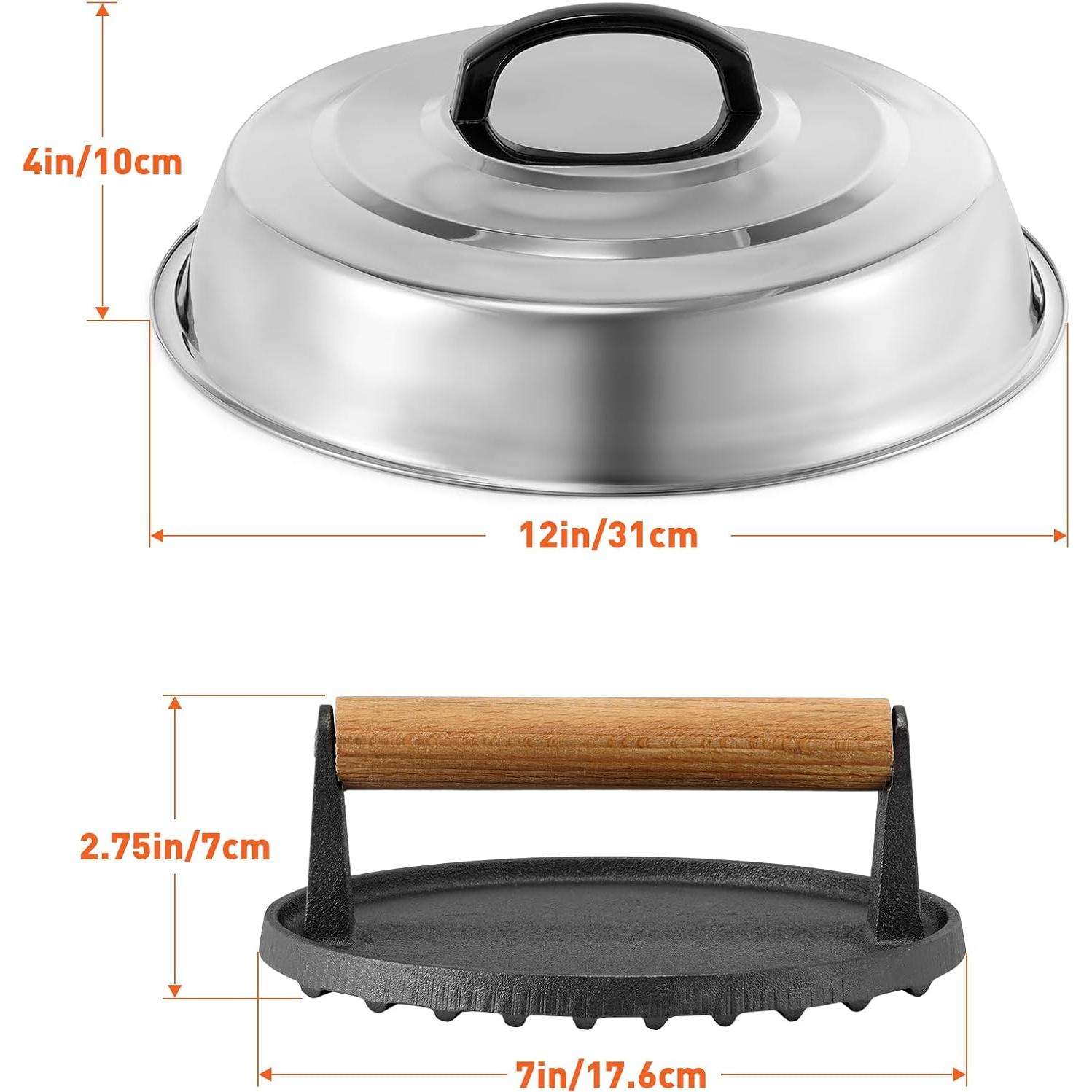 Kit de Accesorios BBQ RunTo: Cubierta Acero Inoxidable 30.48 cm y Prensa Hierro Fundido