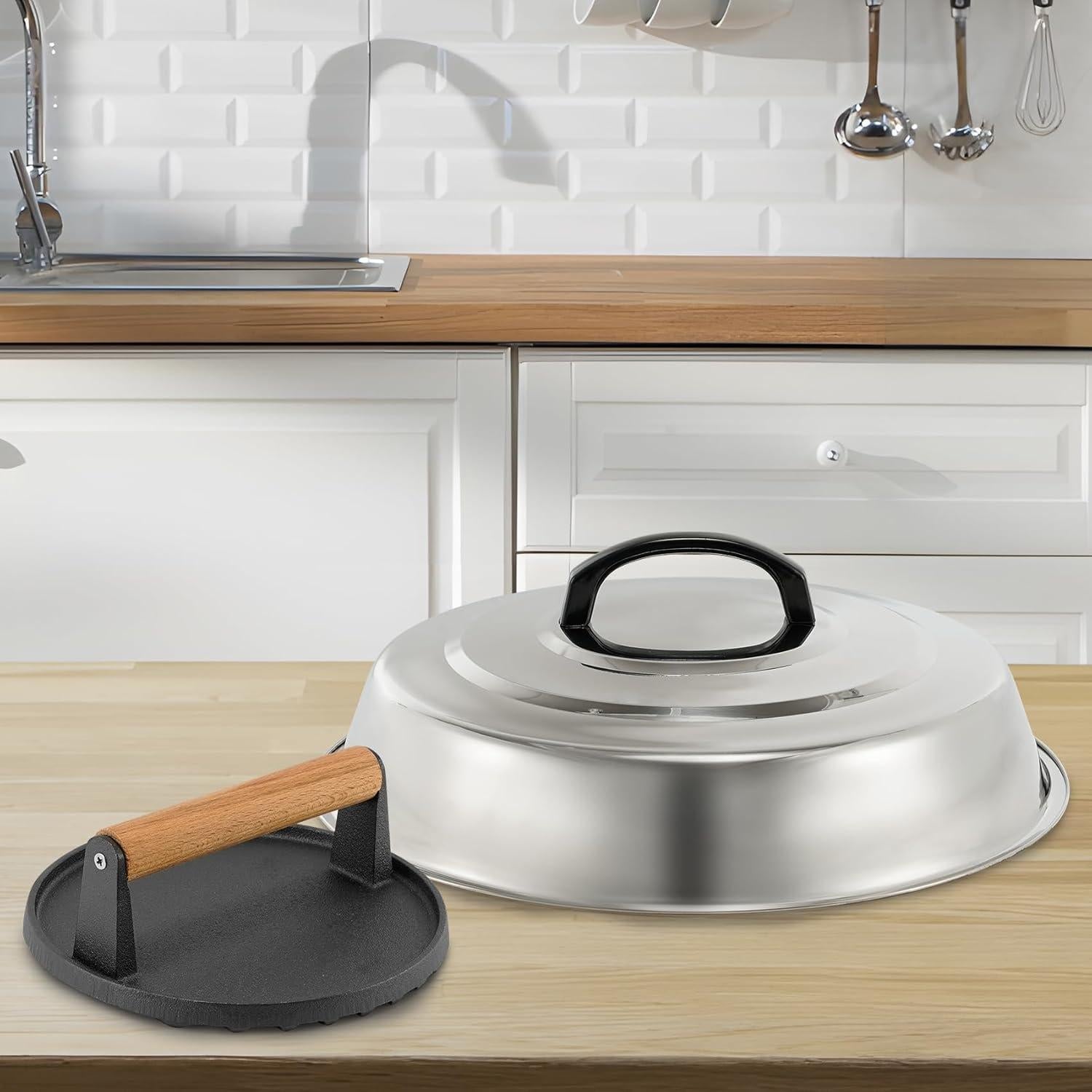 Kit de Accesorios BBQ RunTo: Cubierta Acero Inoxidable 30.48 cm y Prensa Hierro Fundido