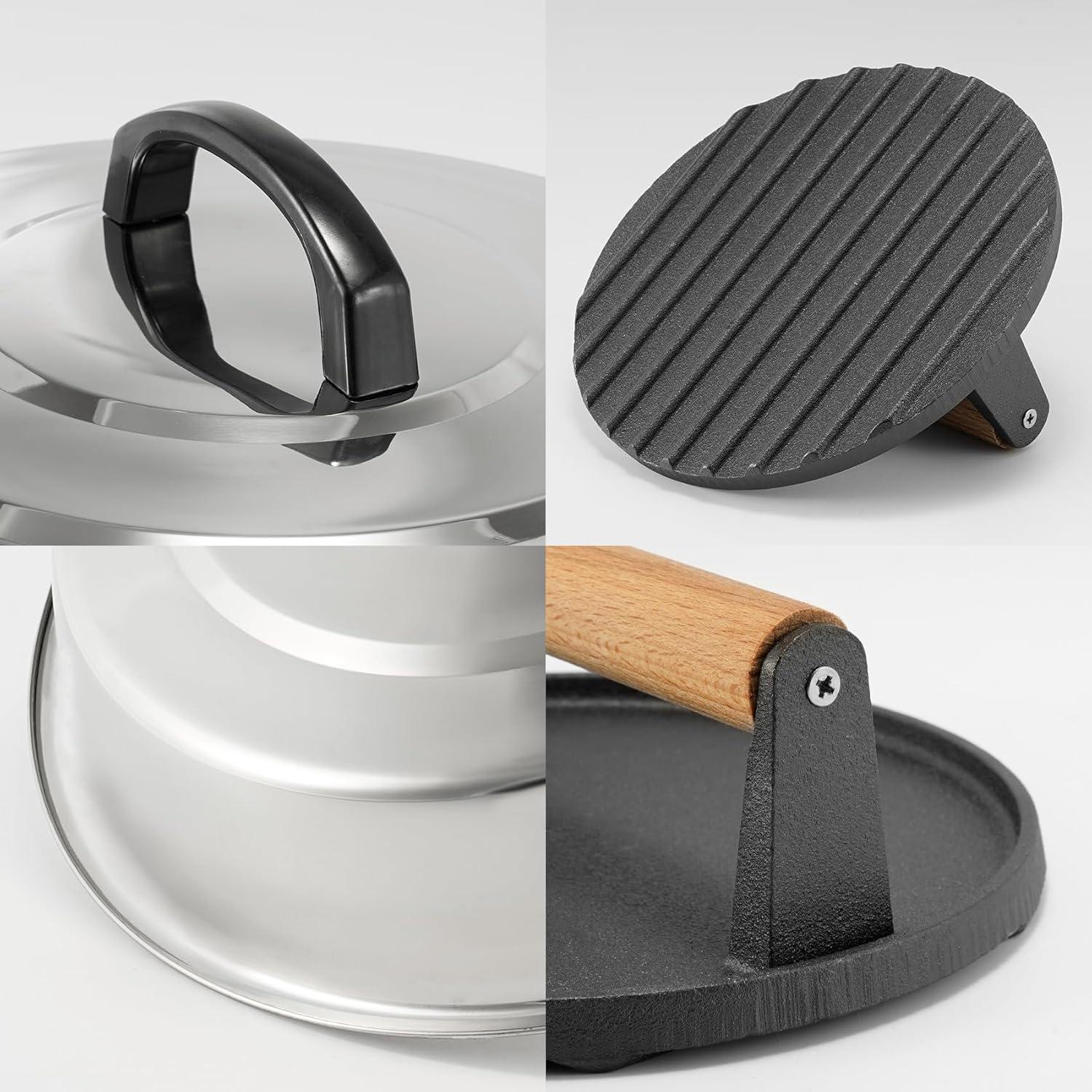 Kit de Accesorios BBQ RunTo: Cubierta Acero Inoxidable 30.48 cm y Prensa Hierro Fundido