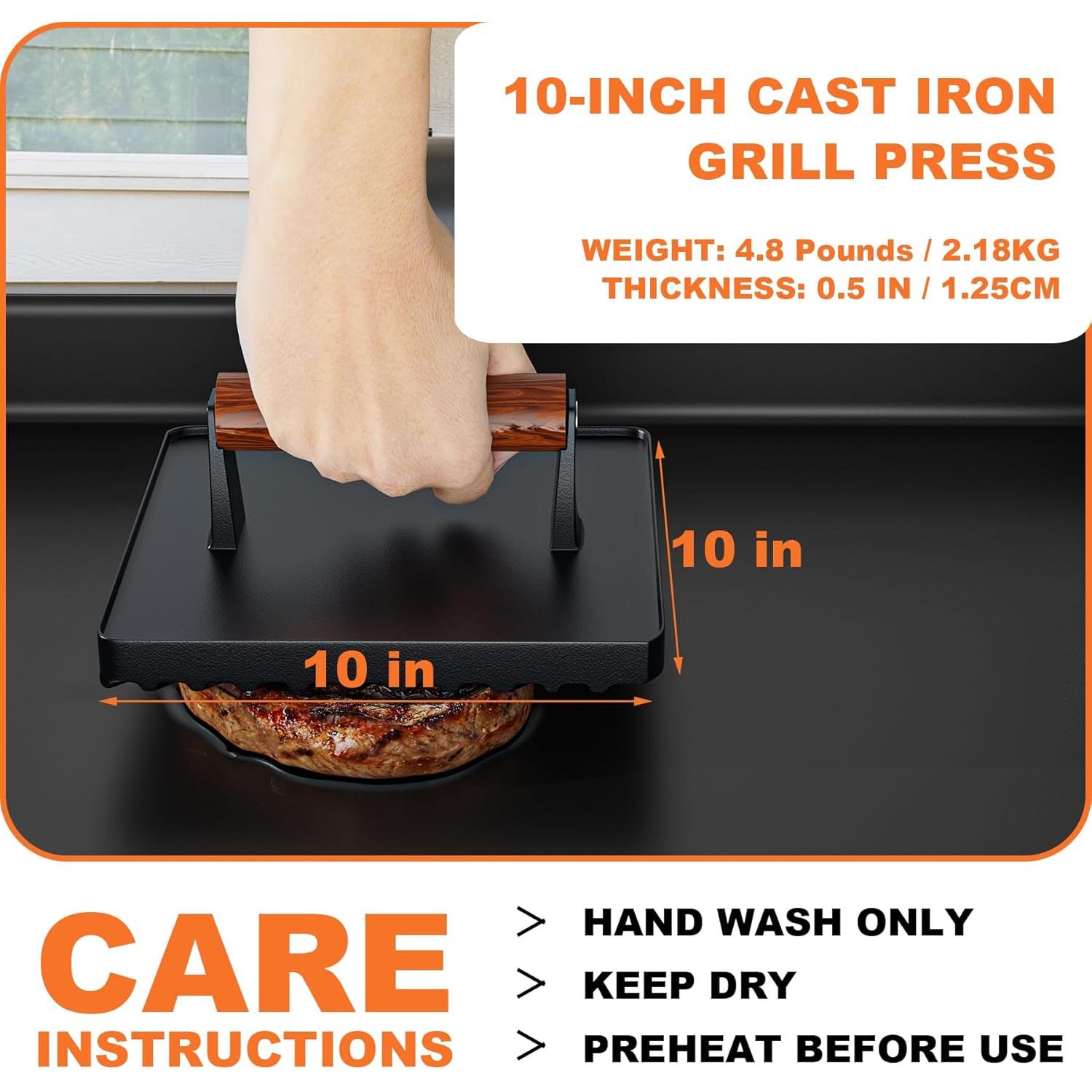 Prensa de Hamburguesas KEESHA de Hierro Fundido 10" x 10"