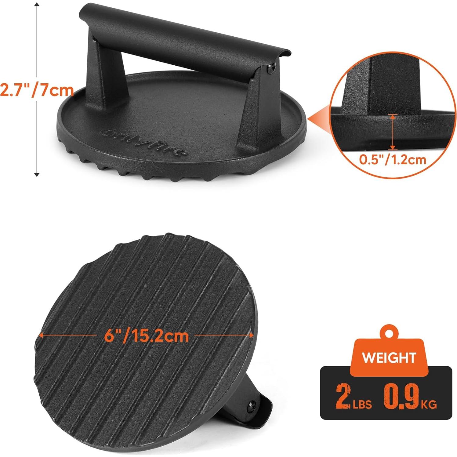 Prensa de Parrilla de Hierro Fundido Onlyfire 6" Antiadherente