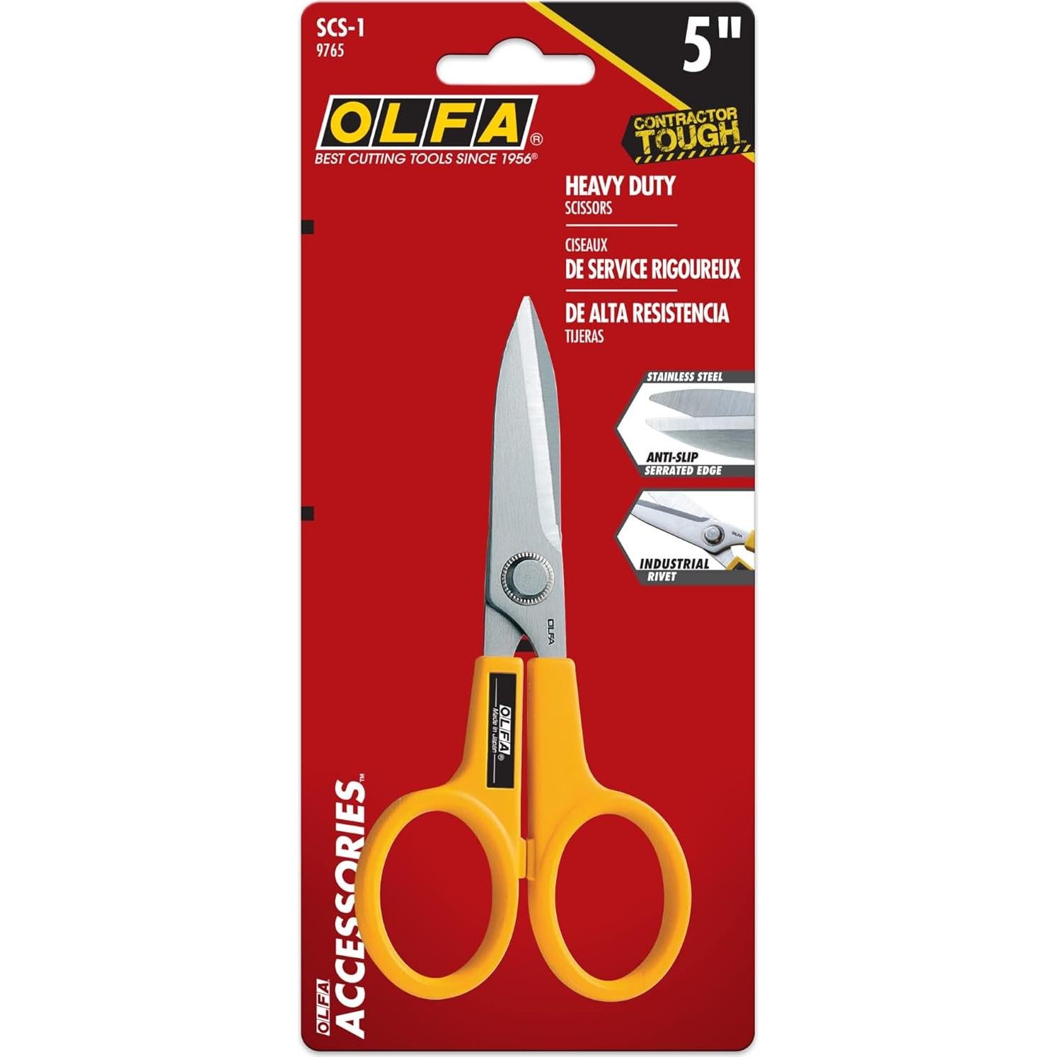 OLFA 5" Serrated Edge Stainless Steel Scissors (SCS-1) - 5 Inch Multi-Purpose Heavy Duty Scissors w/Sharp Blades & Comfort Grip for Home, Office, Fabric, Sewing, Kitchen, Industrial Materials