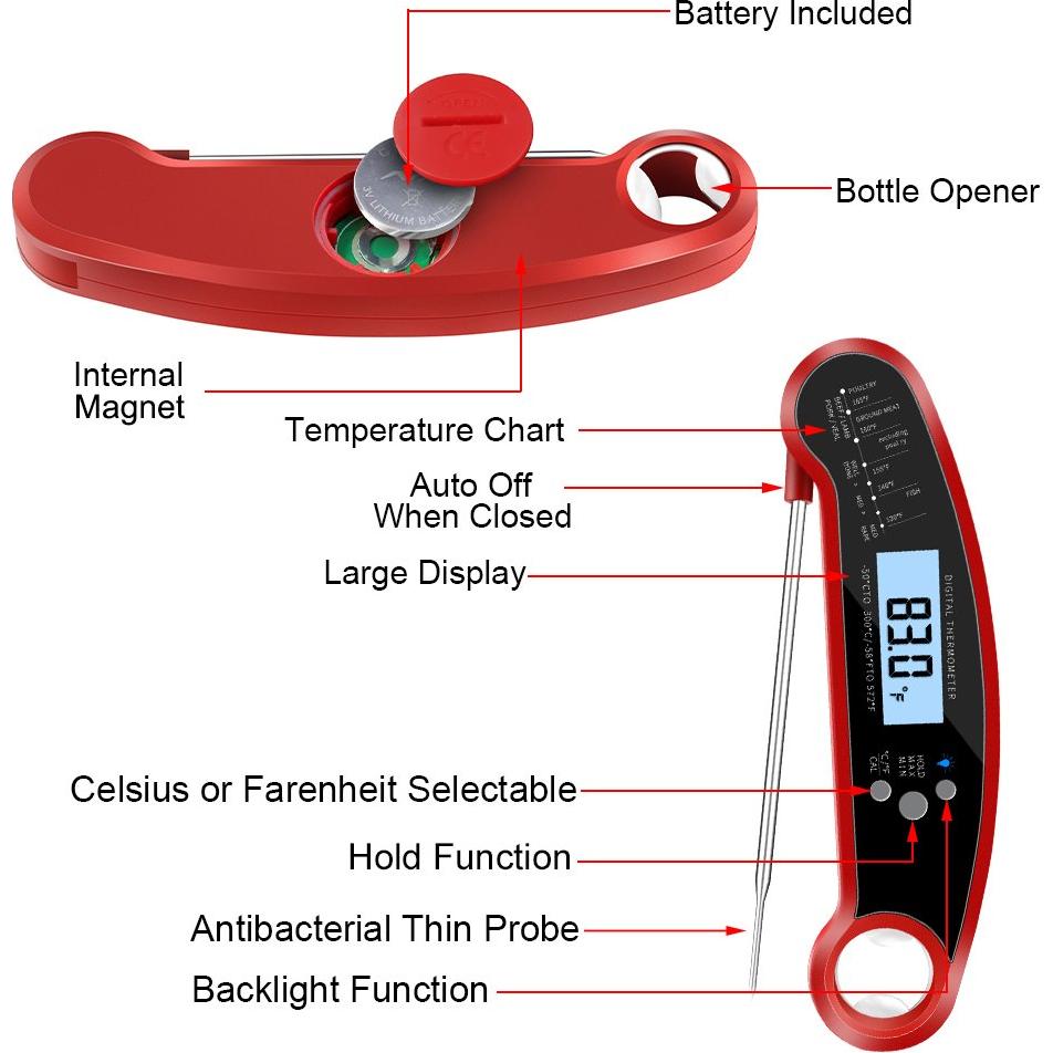 Termómetro Digital de Carne FM01 con Sonda Plegable y Pantalla LCD