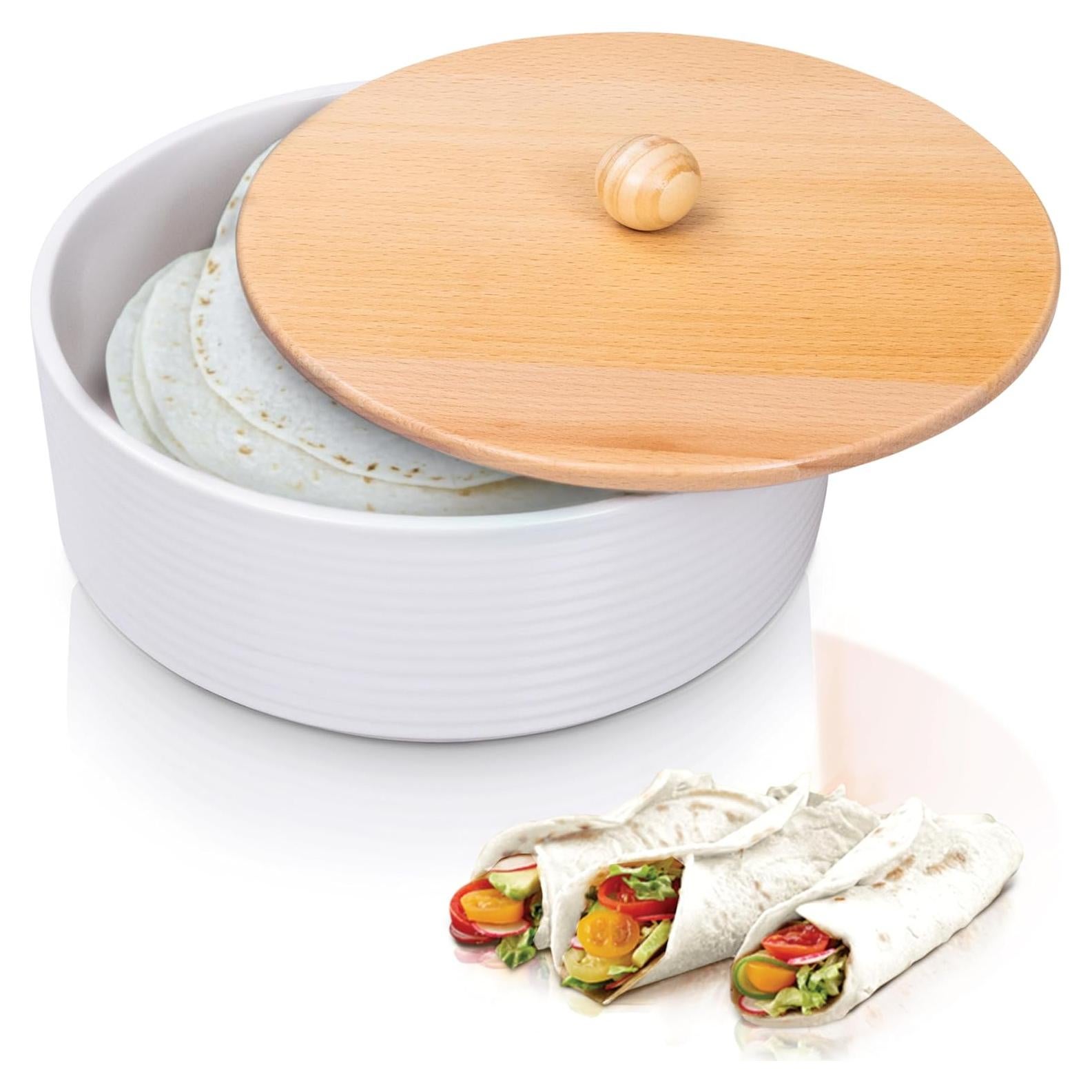Calentador de Tortillas VEBAVO Cerámica 22.86 cm con Tapa de Madera