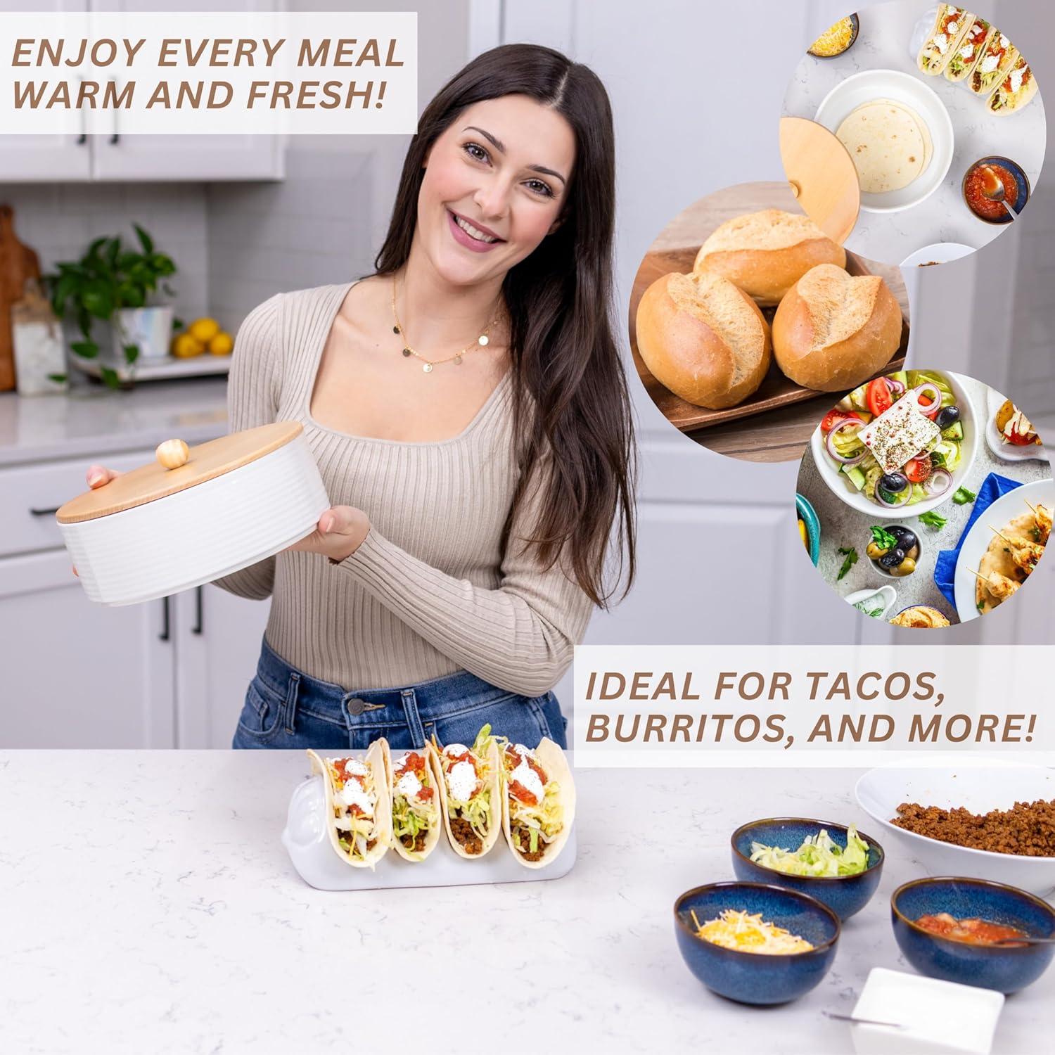 Calentador de Tortillas VEBAVO Cerámica 22.86 cm con Tapa de Madera