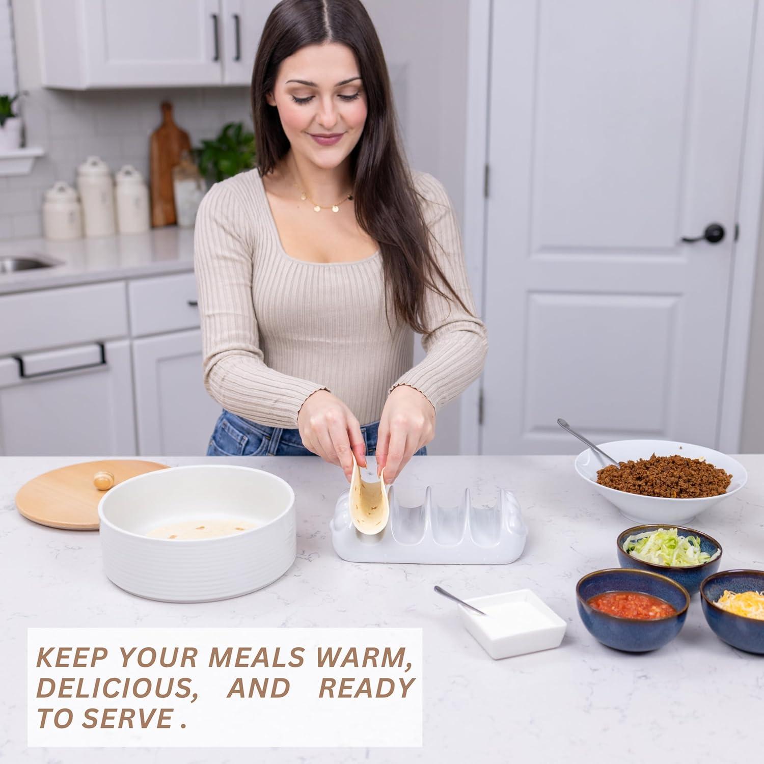 Calentador de Tortillas VEBAVO Cerámica 22.86 cm con Tapa de Madera