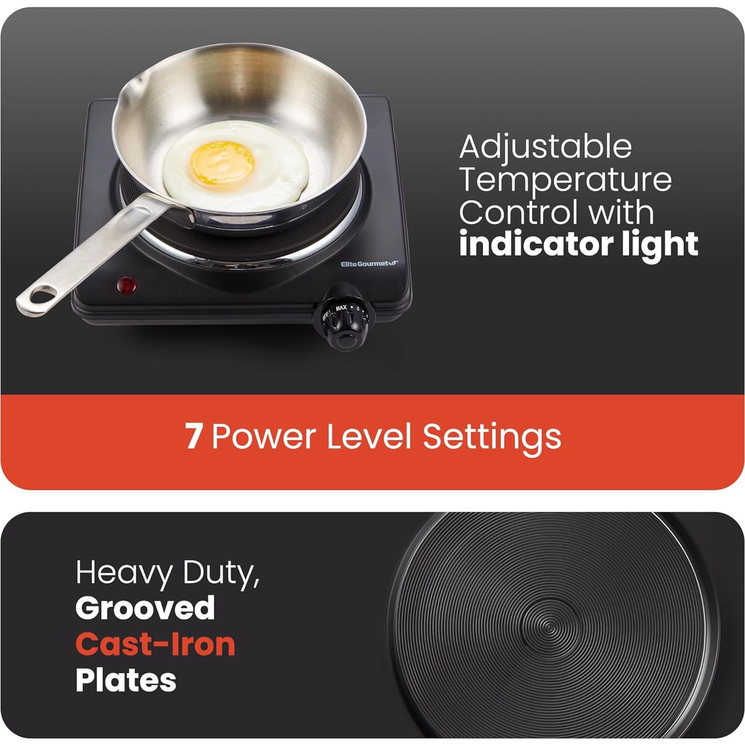 Placa Calentadora Eléctrica Individual Elite Gourmet 1000W Hierro Fundido