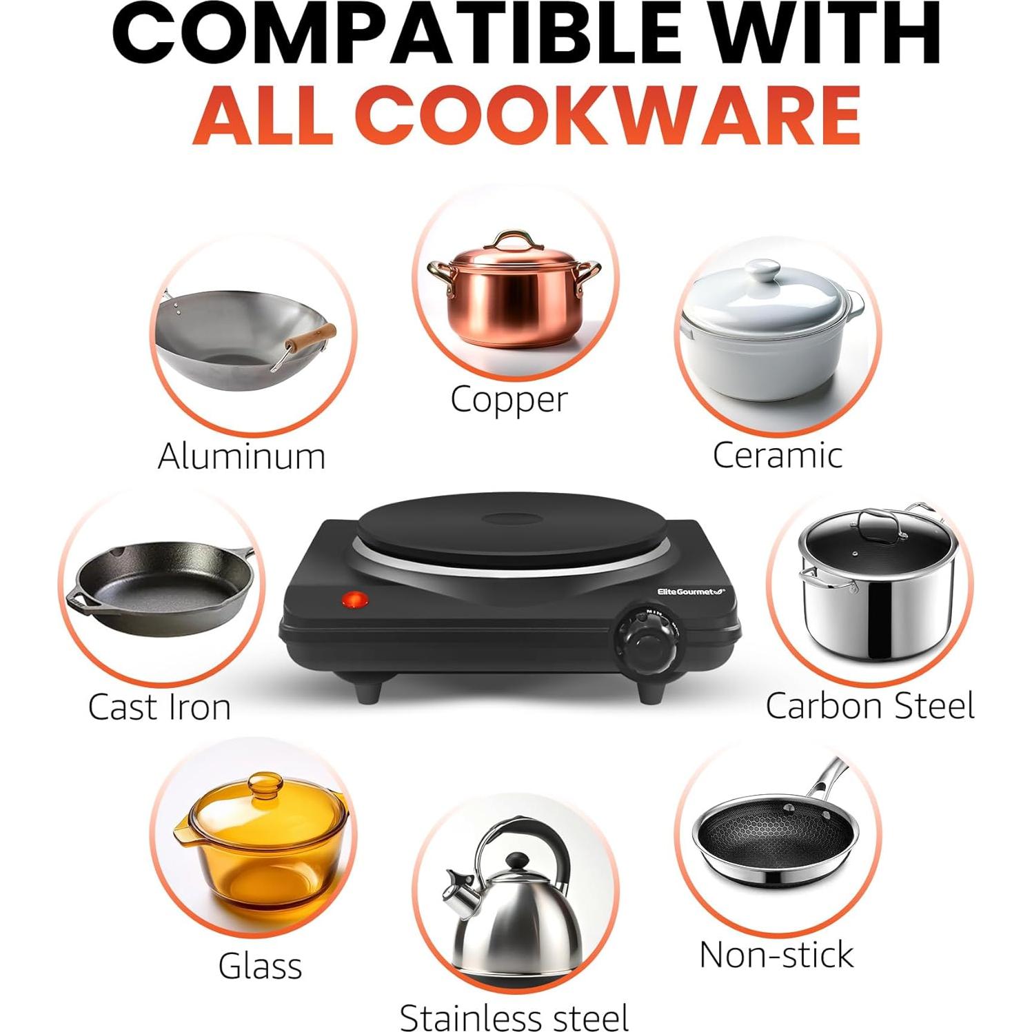 Placa Calentadora Eléctrica Individual Elite Gourmet 1000W Hierro Fundido