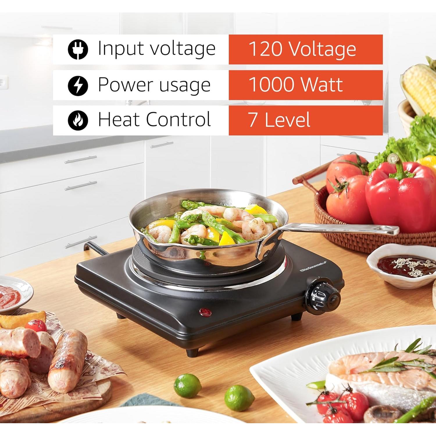 Placa Calentadora Eléctrica Individual Elite Gourmet 1000W Hierro Fundido