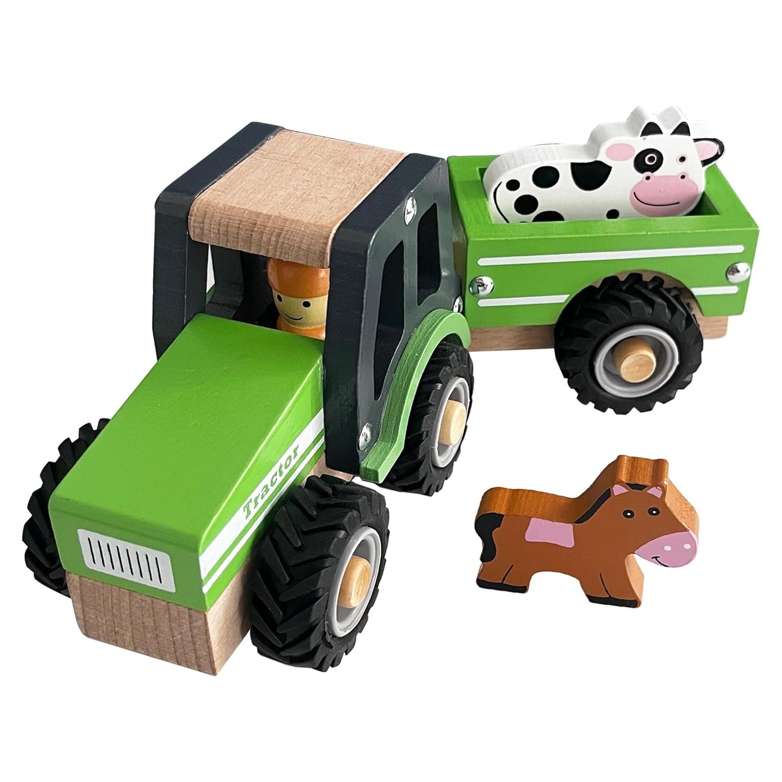 Tractor de Madera Verde WoodenEdu con Vaca y Caballo