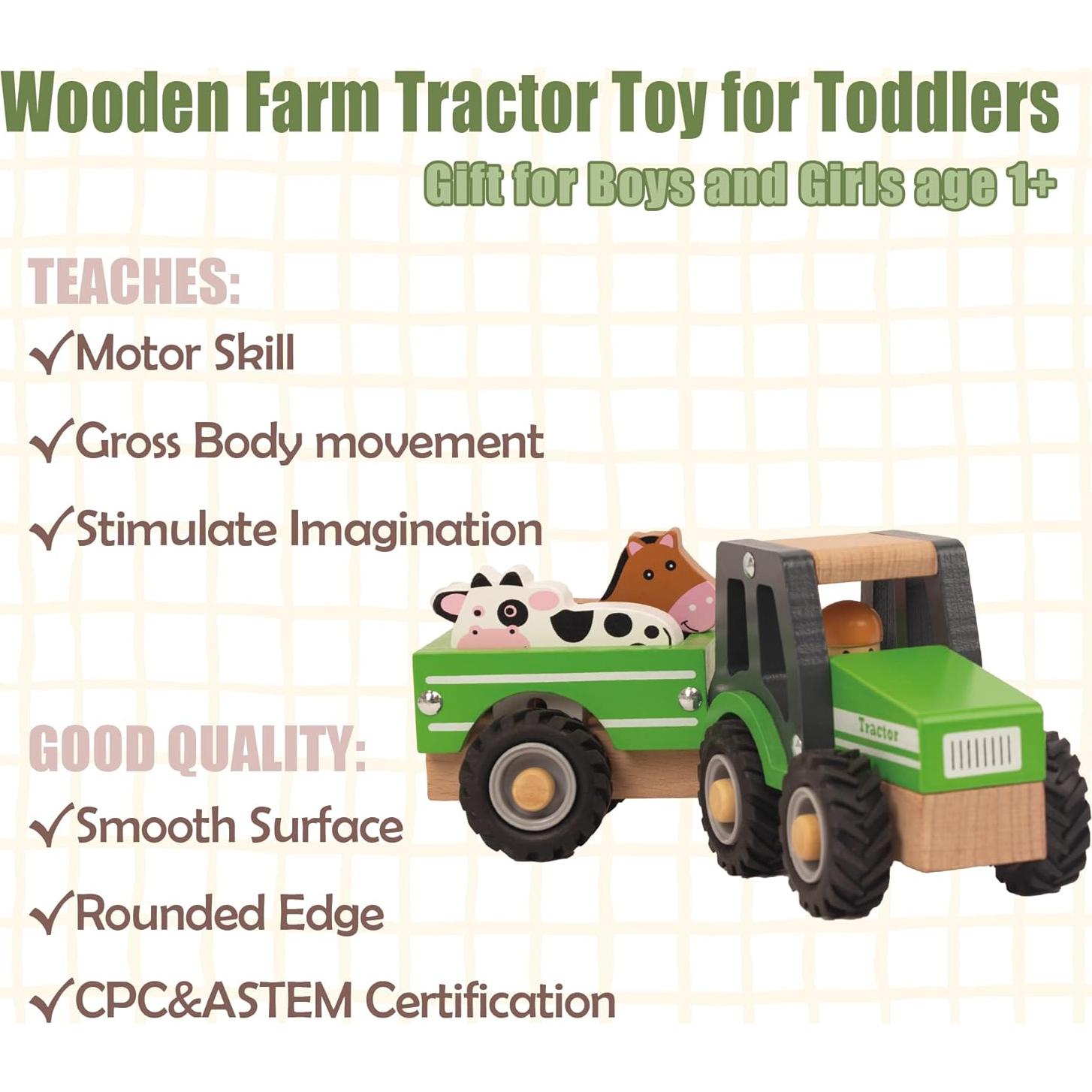 Tractor de Madera Verde WoodenEdu con Vaca y Caballo
