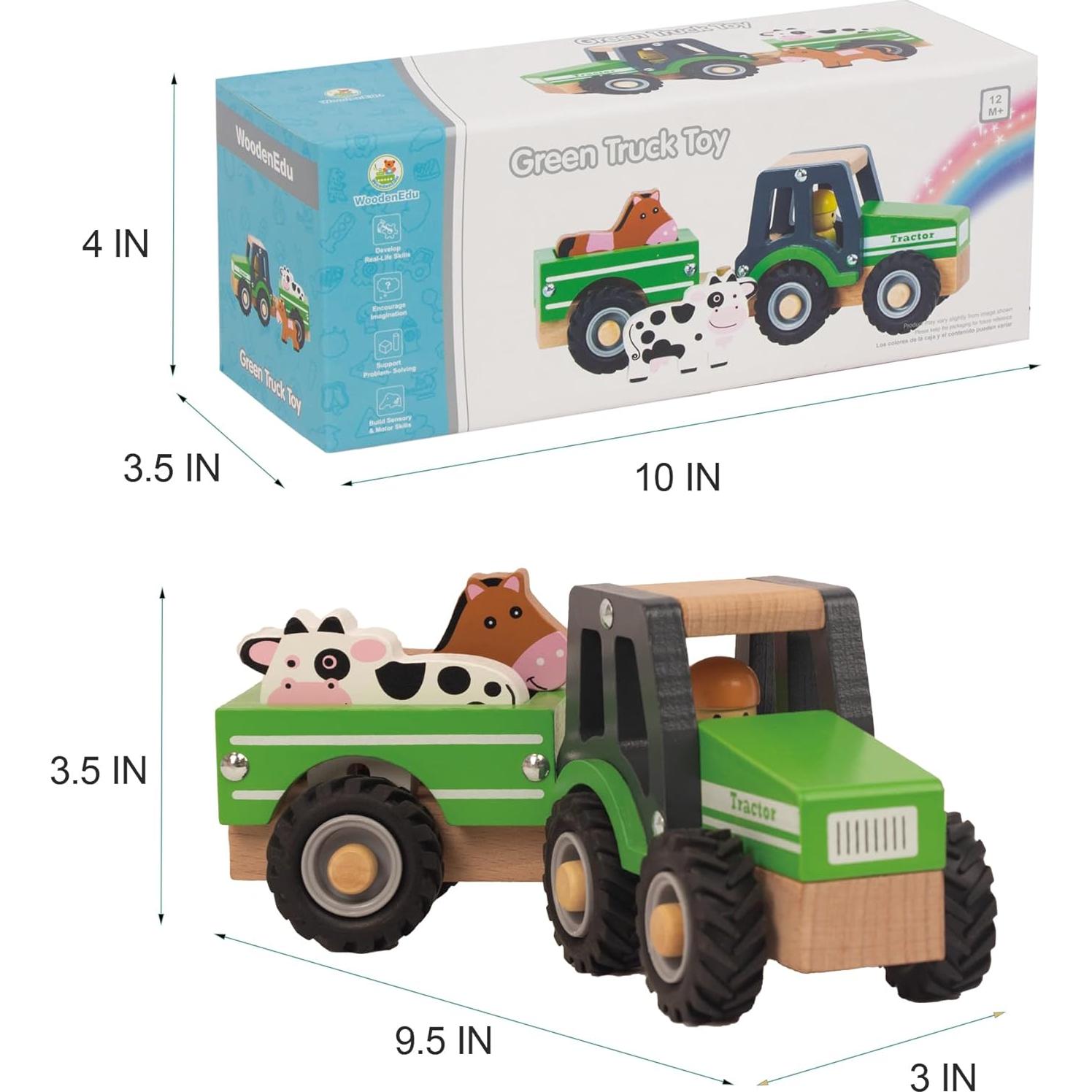 Tractor de Madera Verde WoodenEdu con Vaca y Caballo