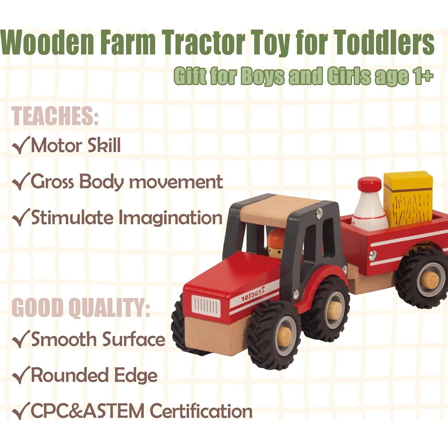 Tractor de Madera Rojo WoodenEdu para Niños 1-3 Años