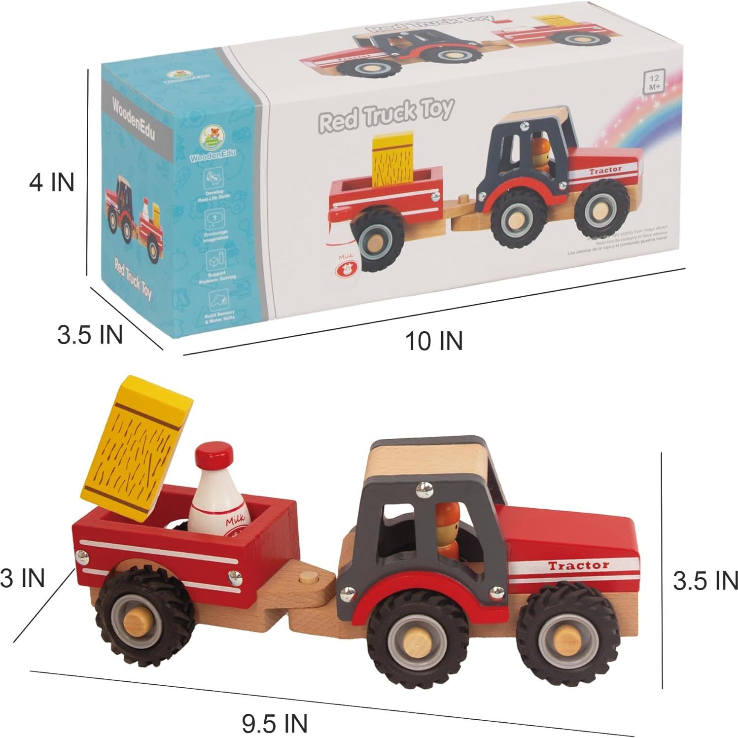 Tractor de Madera Rojo WoodenEdu para Niños 1-3 Años