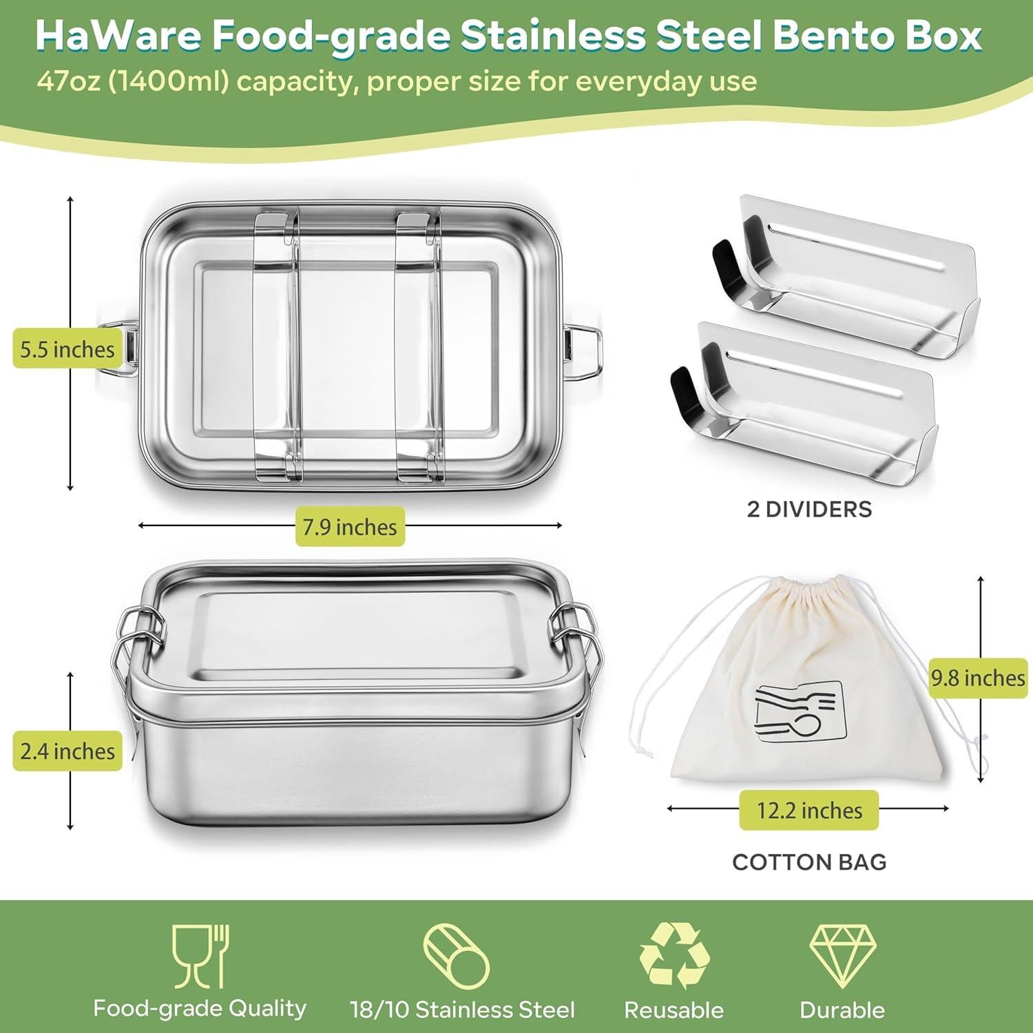 Caja Bento Acero Inoxidable HaWare 850ml con Divisores y Bolsa