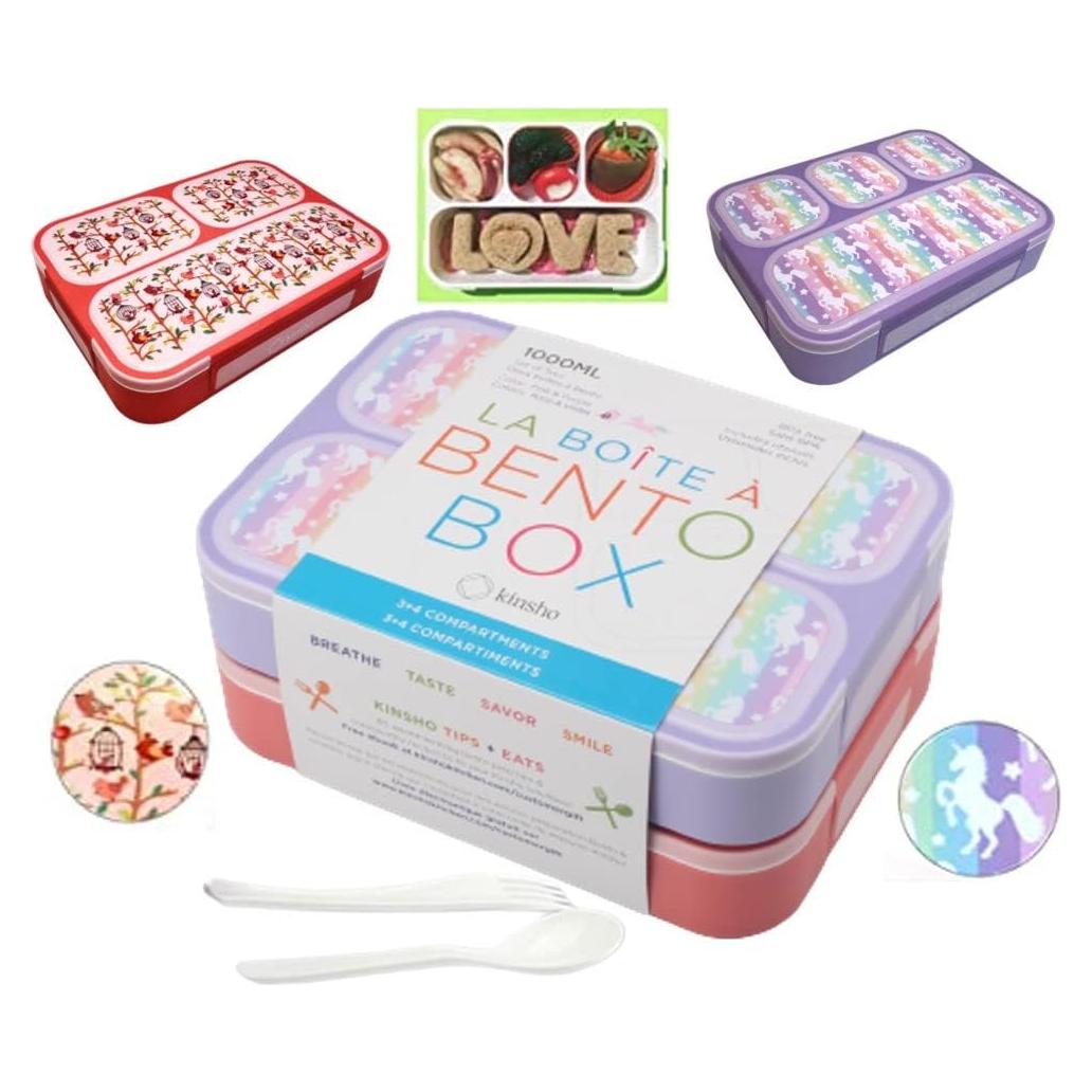 Caja Bento Kinsho 4 Compartimentos Unicornio y Flores Rosadas