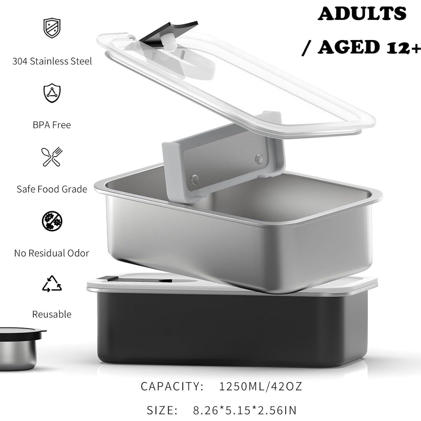 Caja de Almuerzo Bento Acero Inoxidable Bakpoco 1250ml Apta Microondas