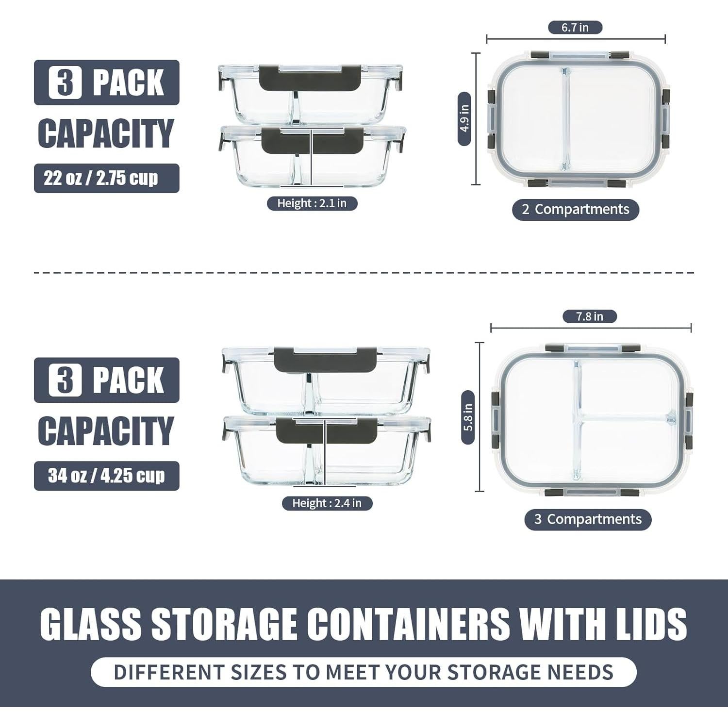 Set de 6 Contenedores de Vidrio GULFLIN 2 y 3 Compartimentos
