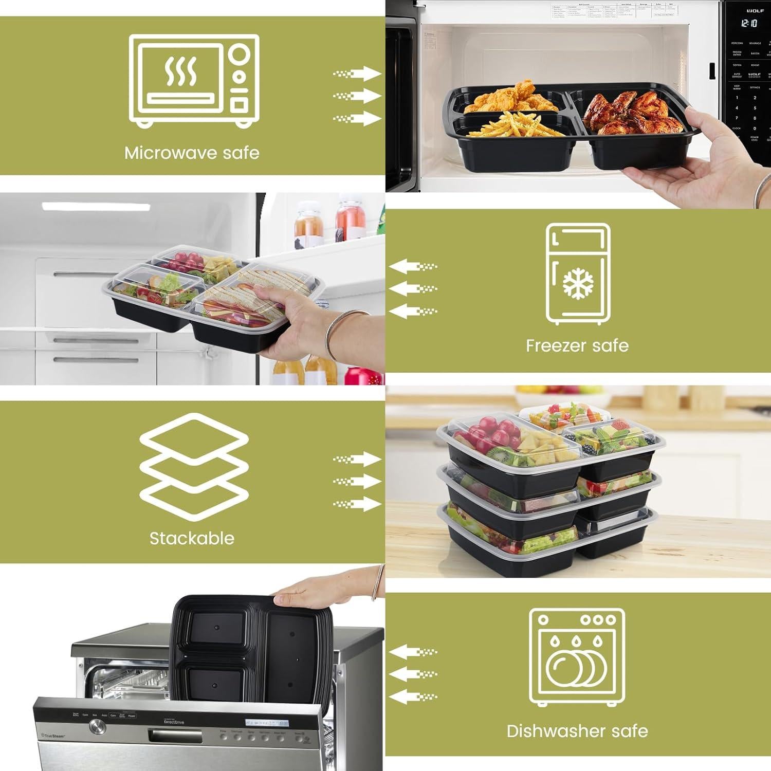 Contenedores de Comida Reutilizables Ezalia 32oz 3 Compartimentos