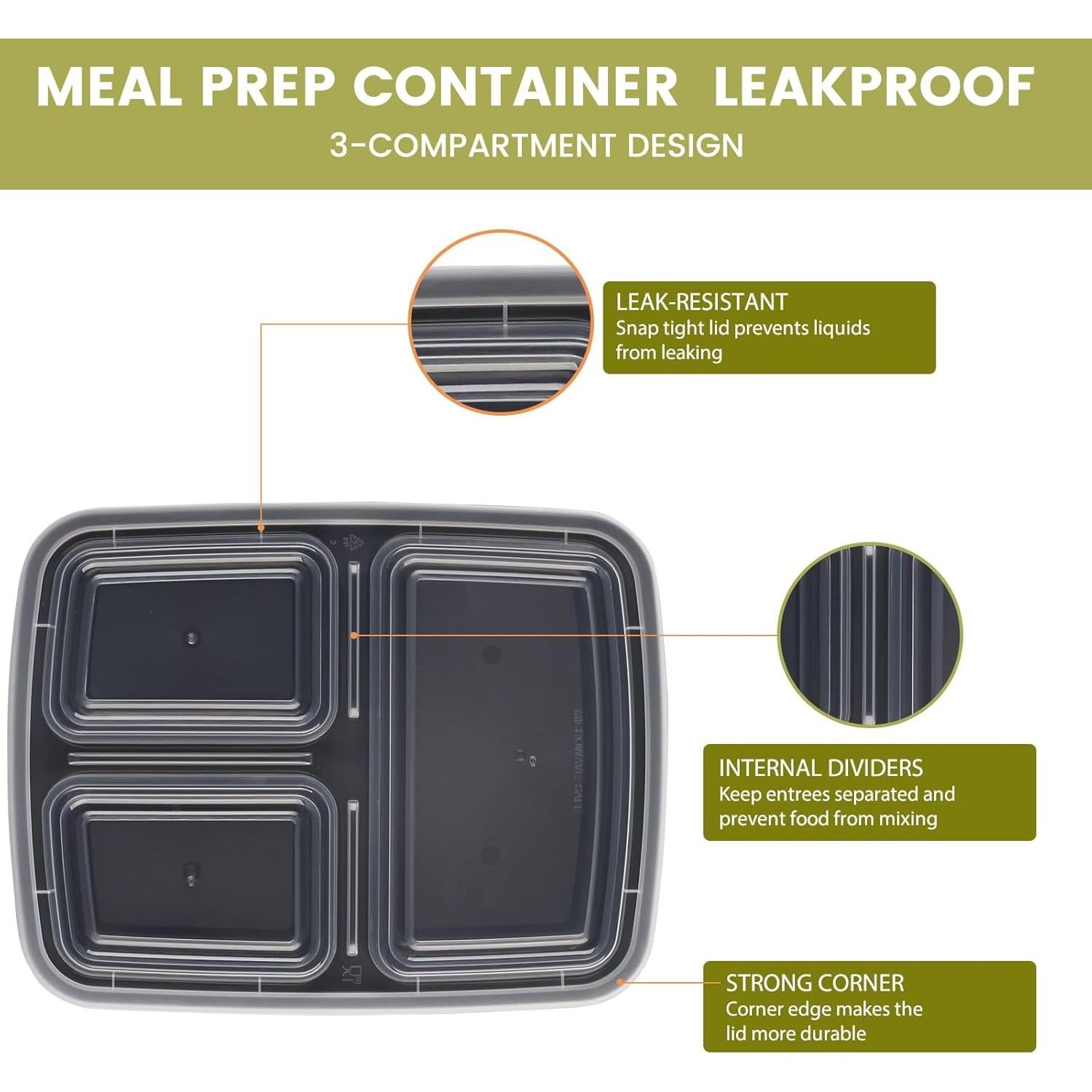 Contenedores de Comida Reutilizables Ezalia 32oz 3 Compartimentos