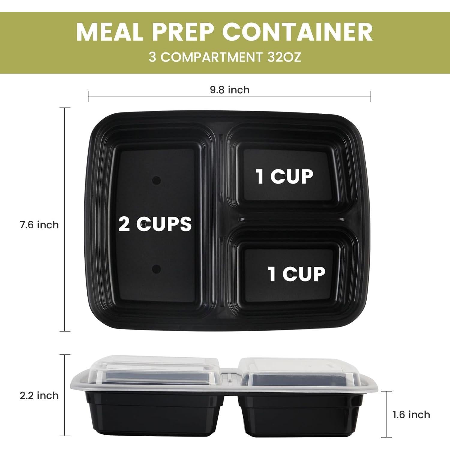 Contenedores de Comida Reutilizables Ezalia 32oz 3 Compartimentos