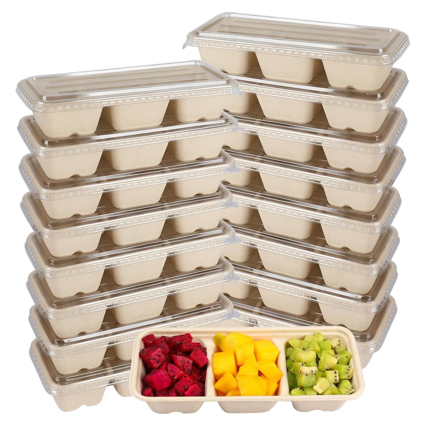 Tazones desechables 16oz 3 compartimentos fibra caña 25 unidades