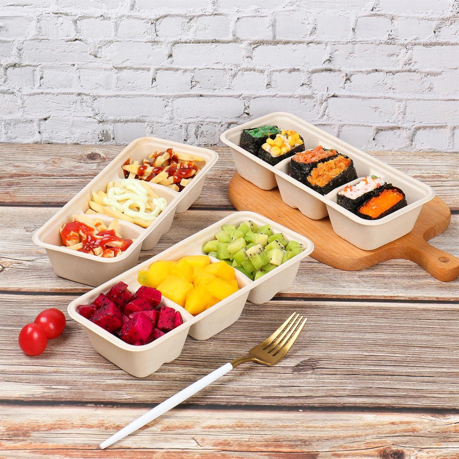 Tazones desechables 16oz 3 compartimentos fibra caña 25 unidades