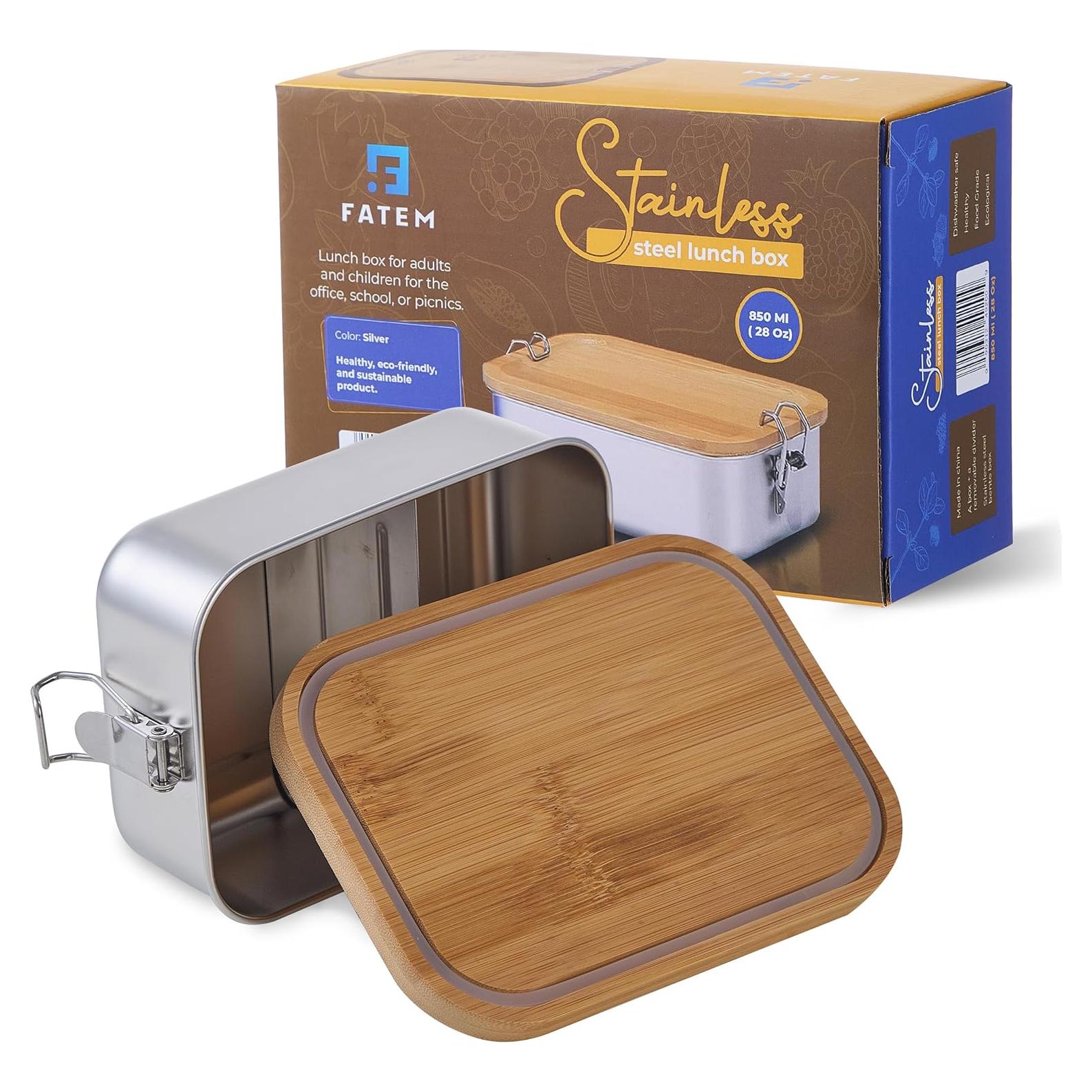 Caja Bento Acero Inoxidable 304 FATEM 850 ML con Tapa de Bambú